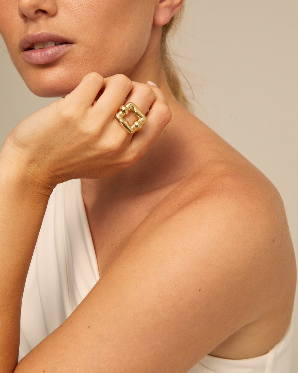 Anel Elo Quadrado Banhado a Ouro de 18k Ouro-4