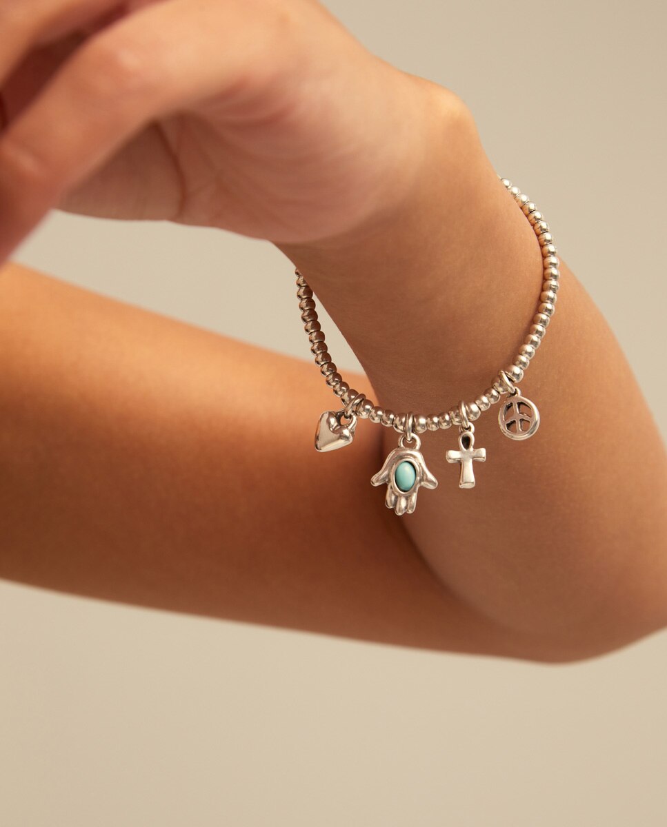 Pulseira Banhada em Prata de Lei com Corrente de Bolas e Charms Prata-4