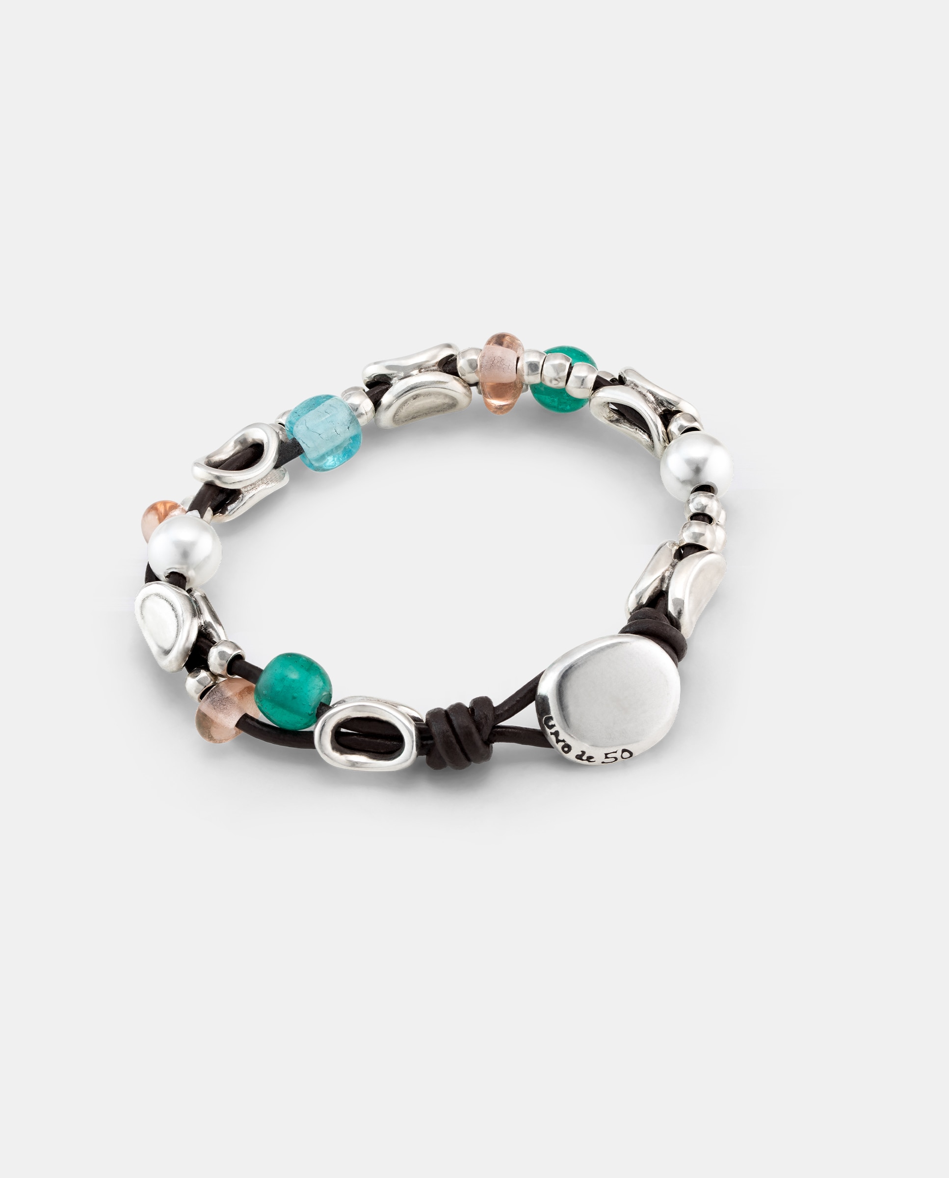 Pulseira de Couro com Elos Banhados em Prata de Lei e Cristais Artesanais Prata-2