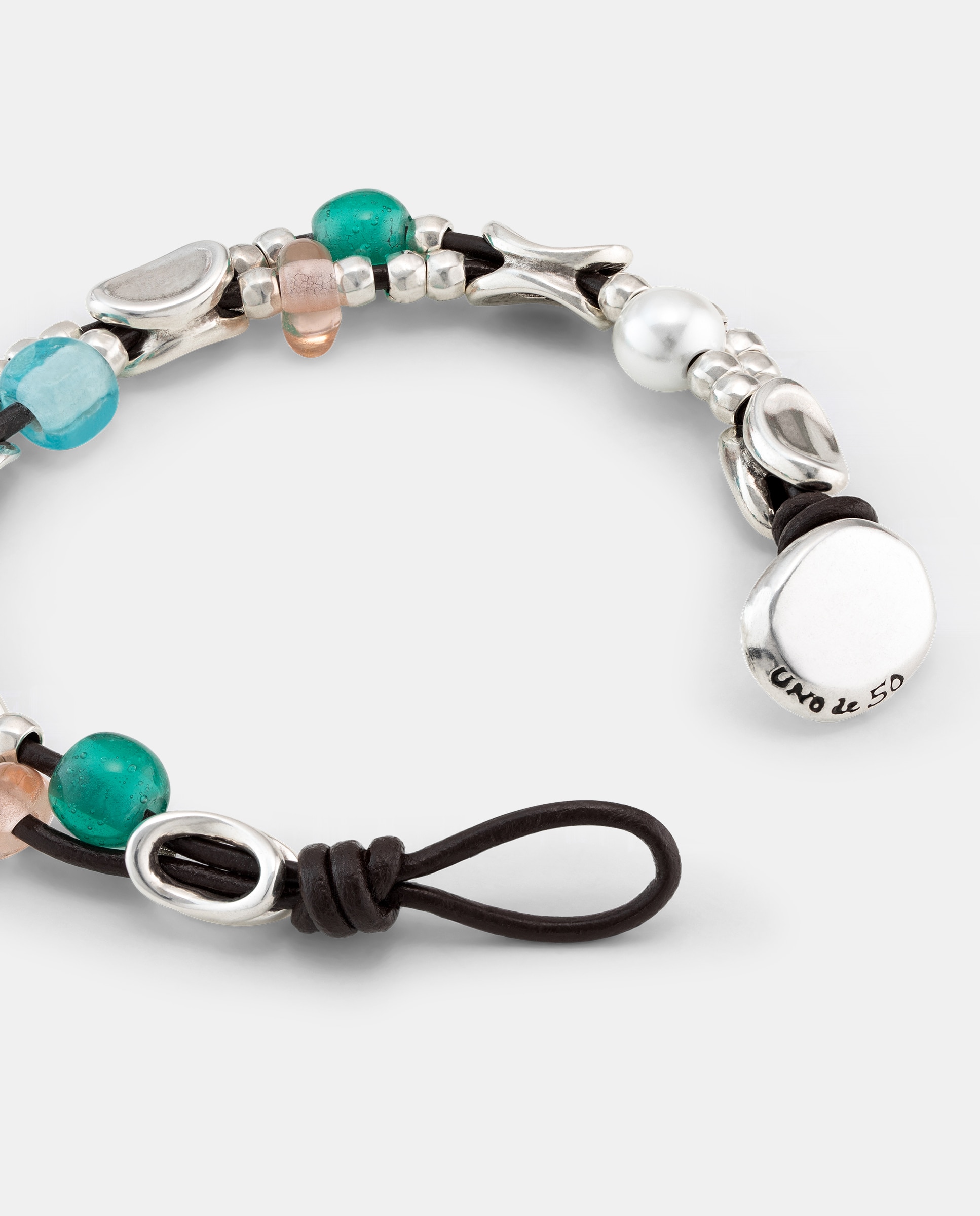 Pulseira de Couro com Elos Banhados em Prata de Lei e Cristais Artesanais Prata-3