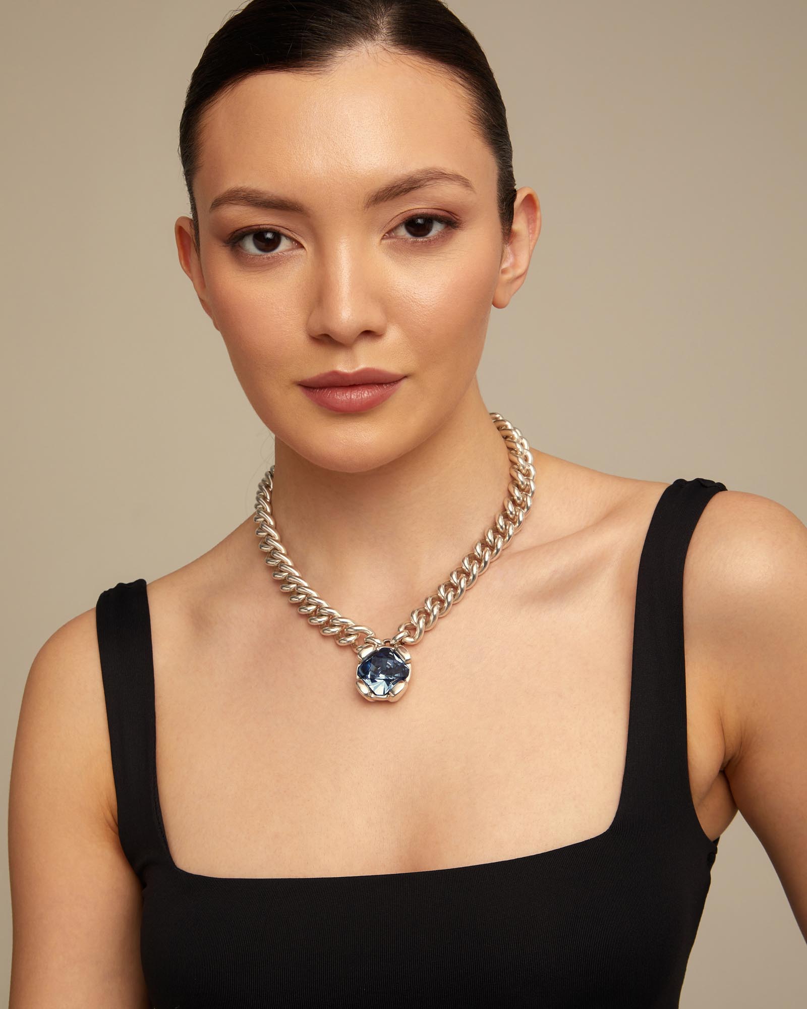 Colar Banhado em Prata de Lei e Cristal Central Azul Prata-5