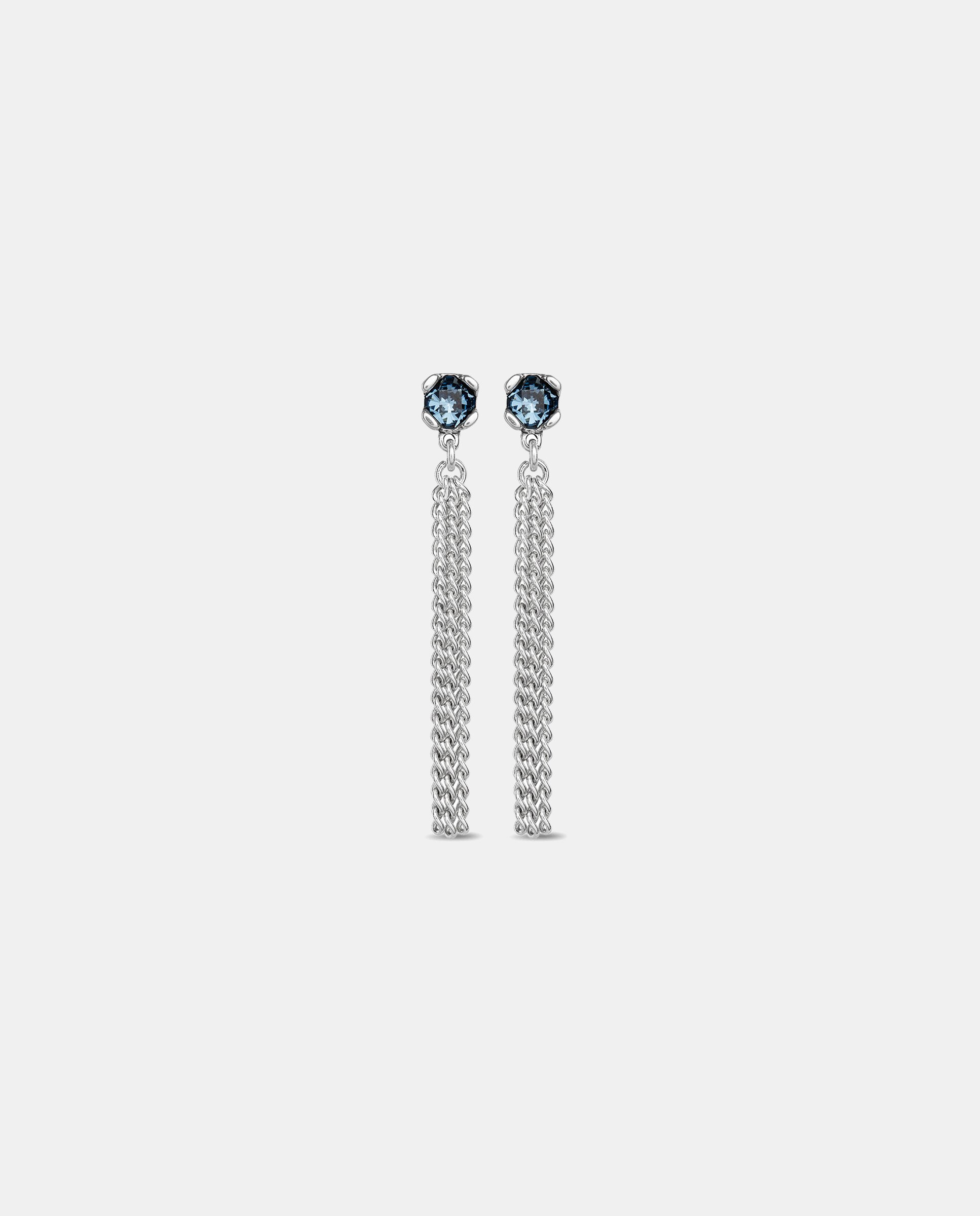 Brincos Banhados em Prata de Lei com 1 Cristal Facetado Azul e 3 Correntes Prata-1