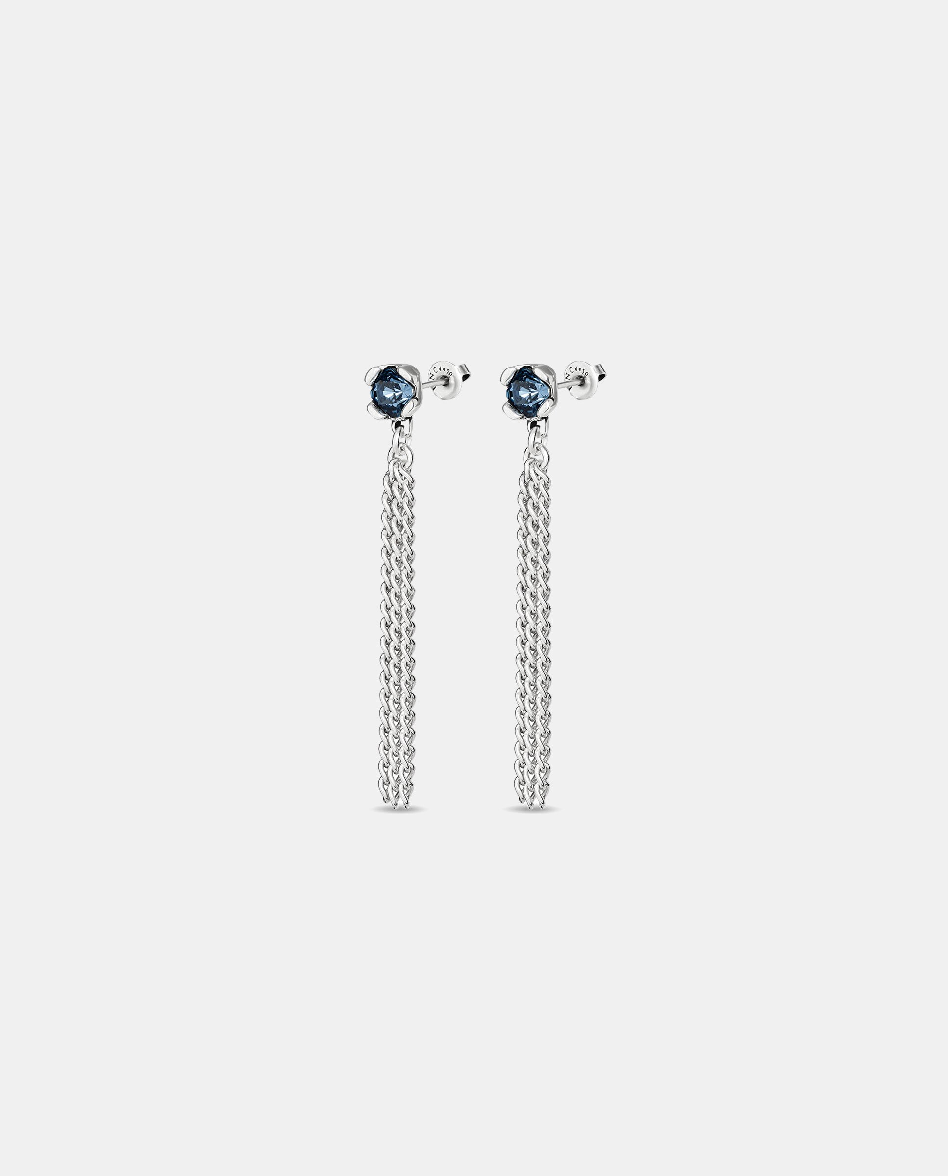 Brincos Banhados em Prata de Lei com 1 Cristal Facetado Azul e 3 Correntes Prata-3