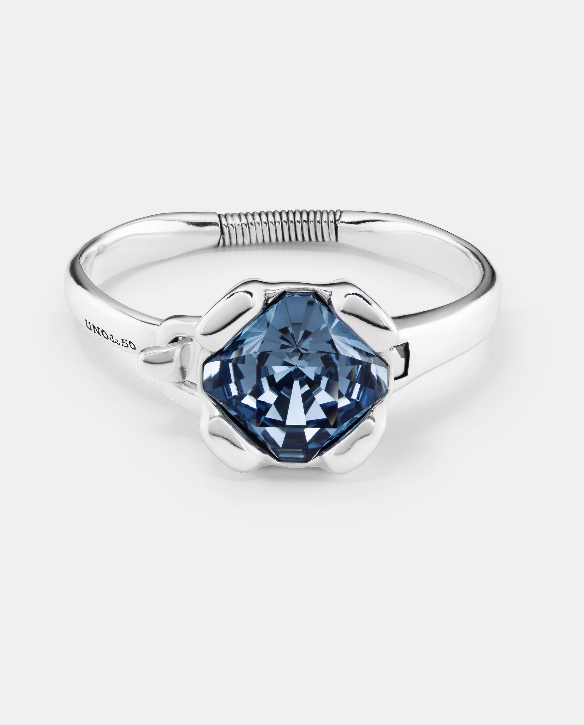 Pulseira Rígida Banhada em Prata de Lei com Cristal Facetado Azul Grande Central Prata-1