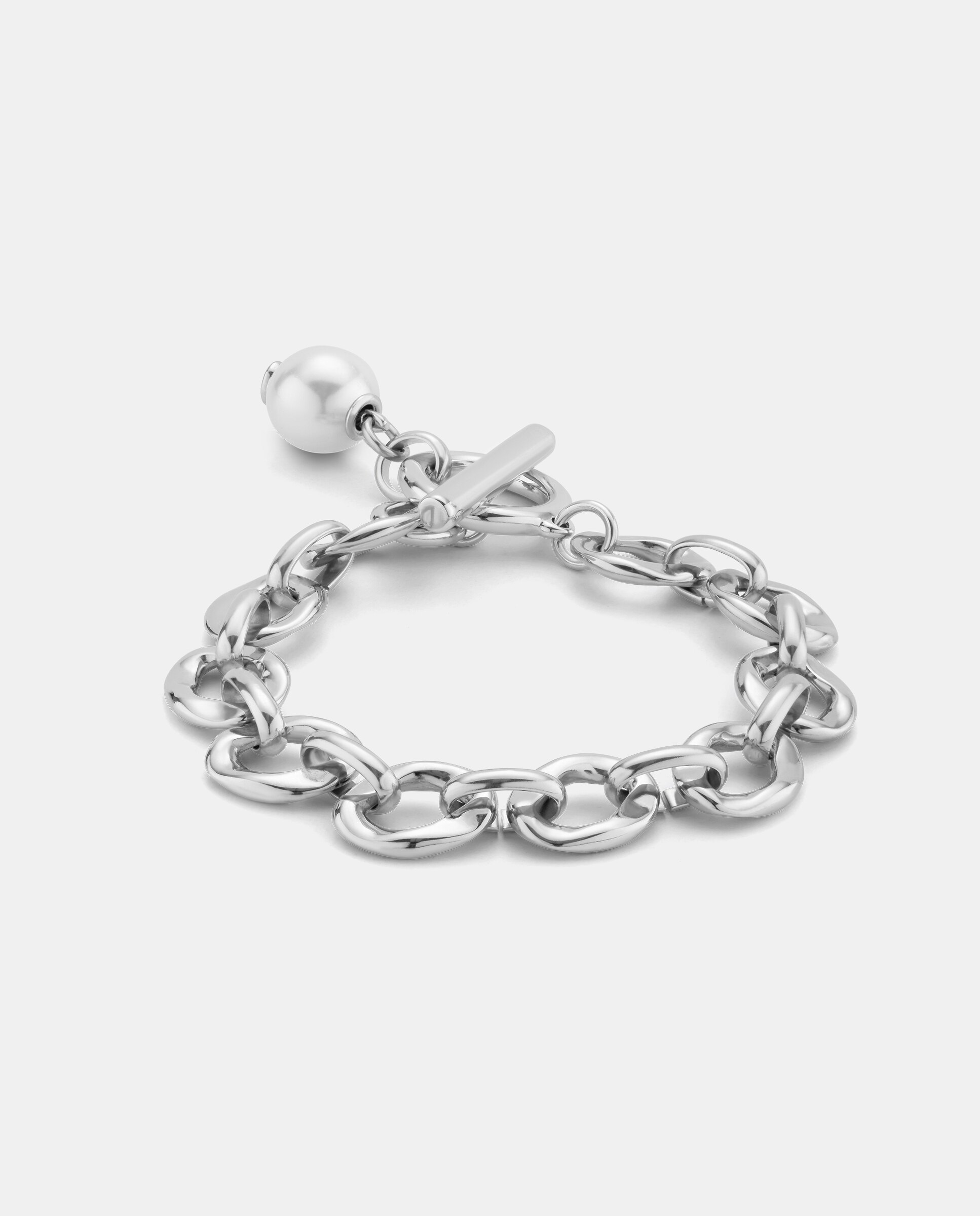 Pulseira Banhada em Prata de Lei com Elos e Charm de Pérola Prata-2