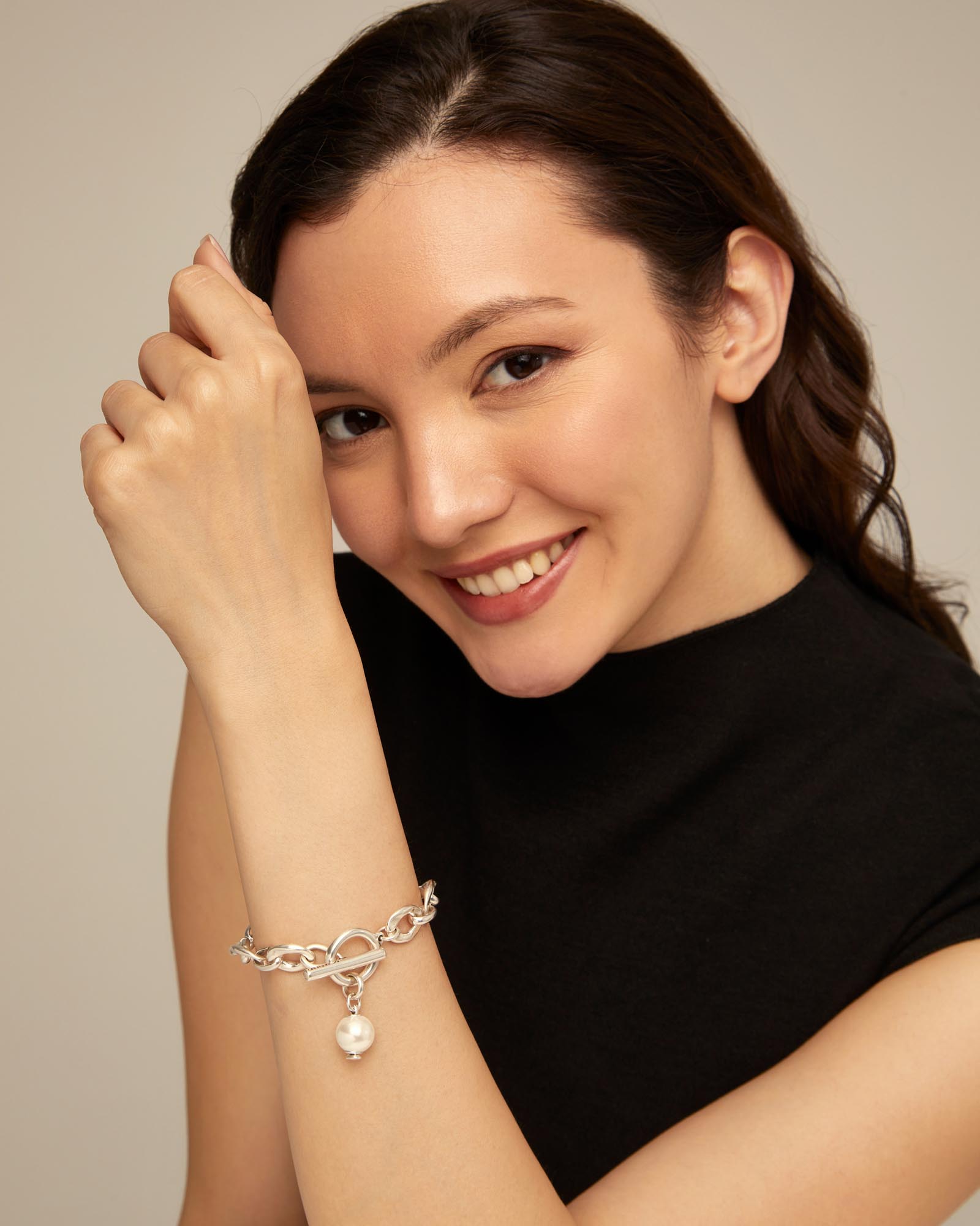 Pulseira Banhada em Prata de Lei com Elos e Charm de Pérola Prata-4