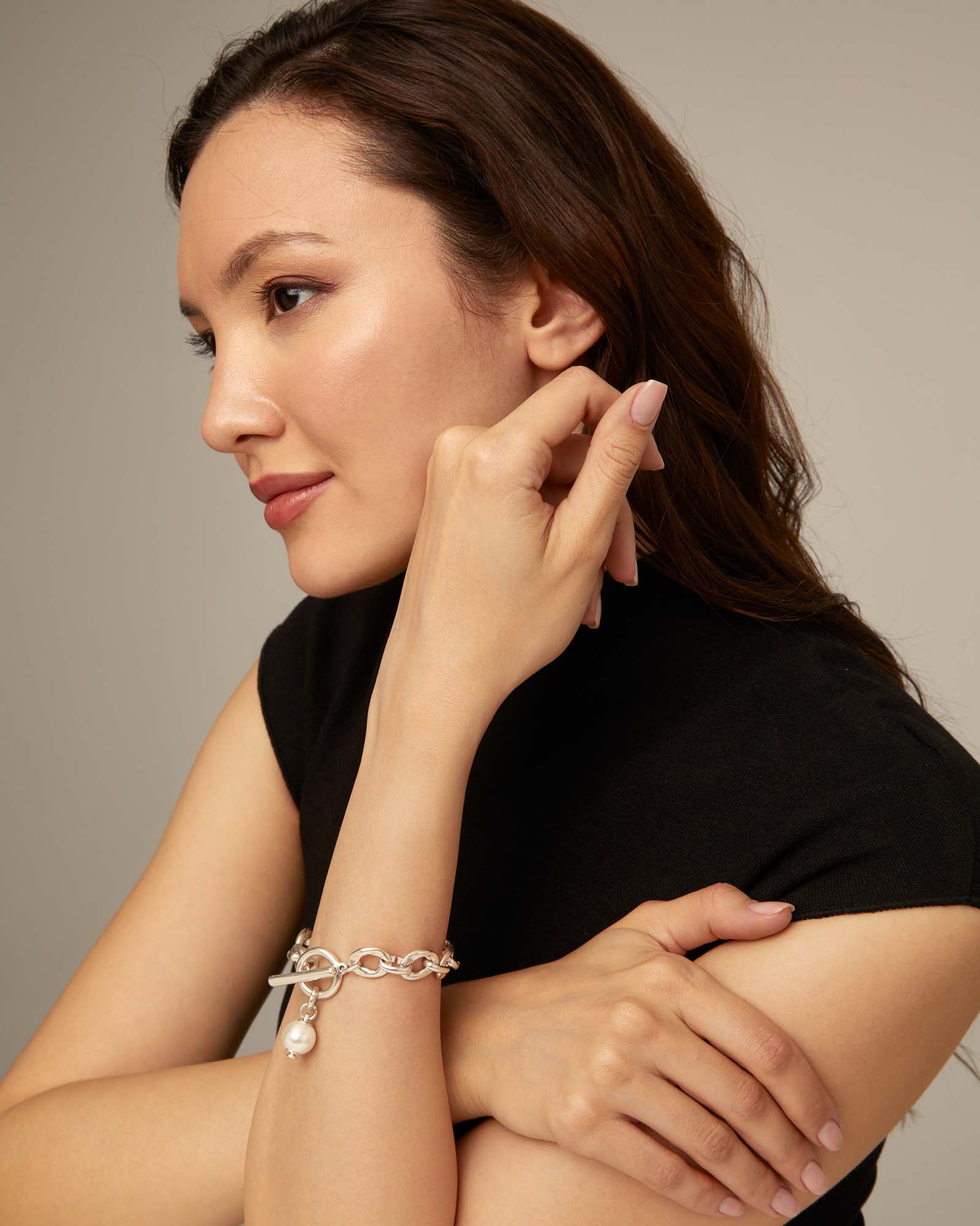 Pulseira Banhada em Prata de Lei com Elos e Charm de Pérola Prata-5