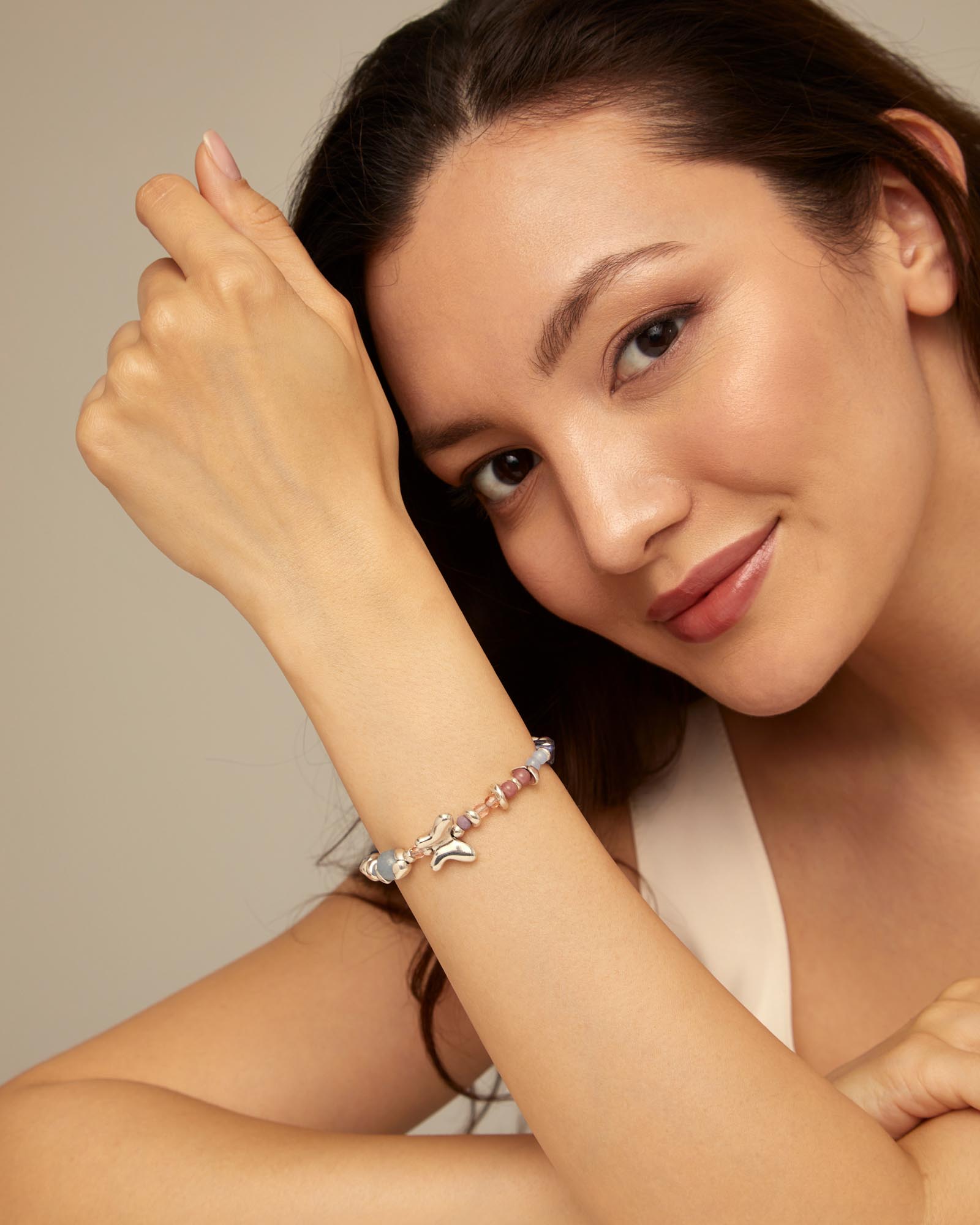Pulseira Banhada em Prata de Lei com Cristais Artesanais Multicolor Prata-5