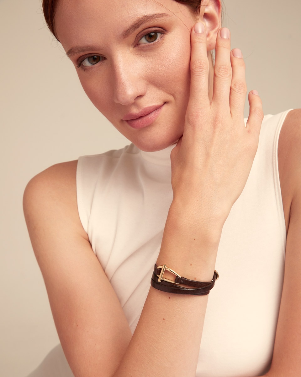 Pulseira de Couro e Elo Central Banhado em Ouro 18k Ouro-5