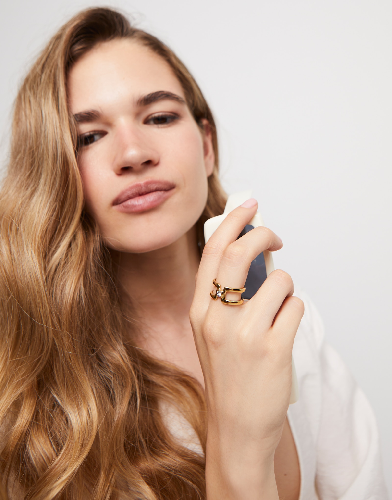 Anel Duplo Banhado a Ouro 18k com Topázio Branco Ouro-5