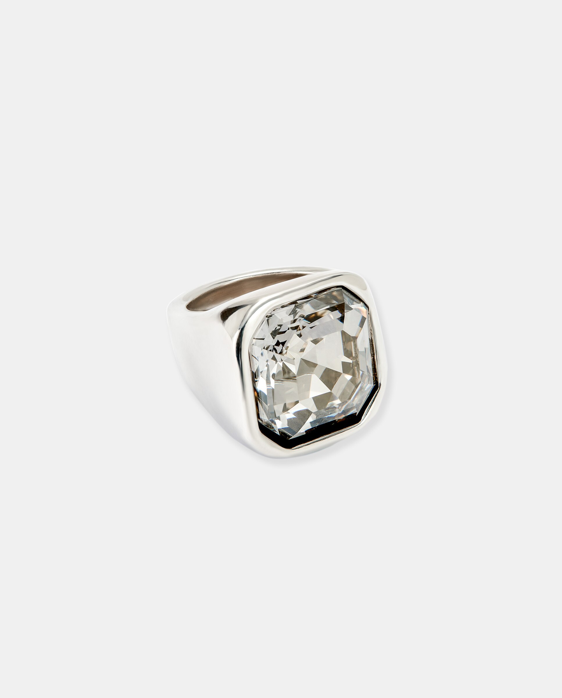 Anel Banhado em Prata de Lei com Acabamento em Forma Quadrada e Cristal em Branco Prata-3