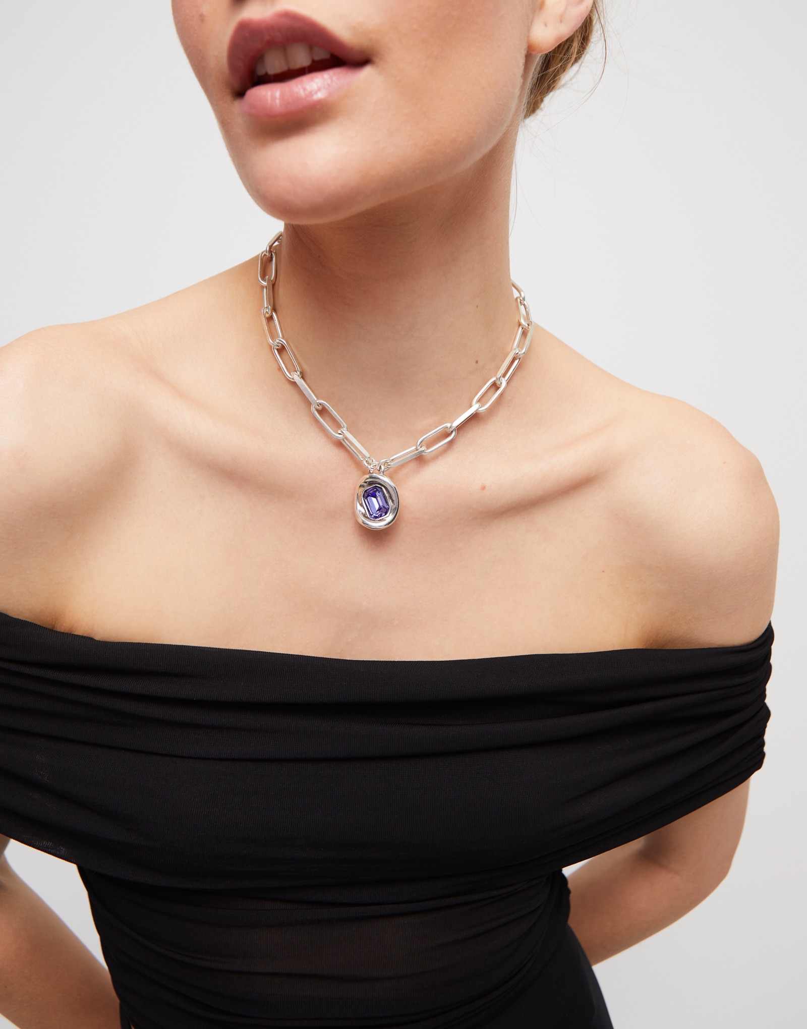 Corrente Banhada em Prata de Lei com Elos e Cristal Roxo Prata-6