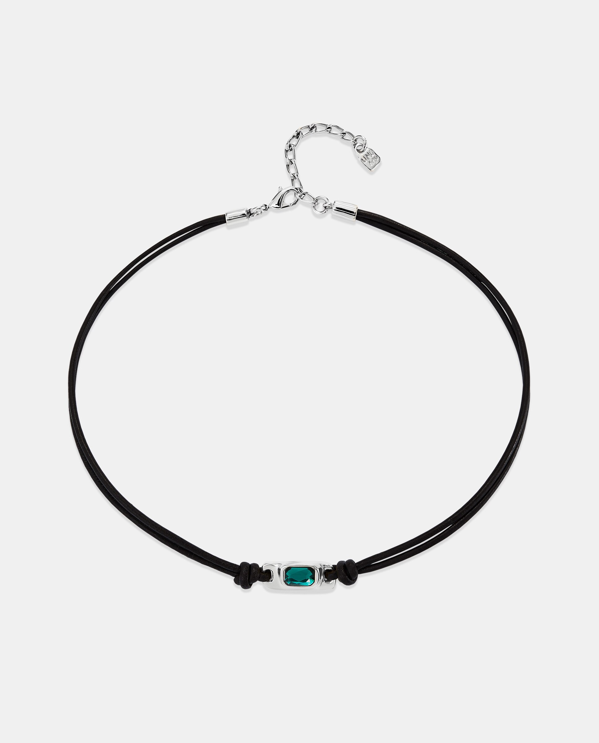 Colar de Couro Banhado em Prata de Lei com Cristal Verde Prata-1