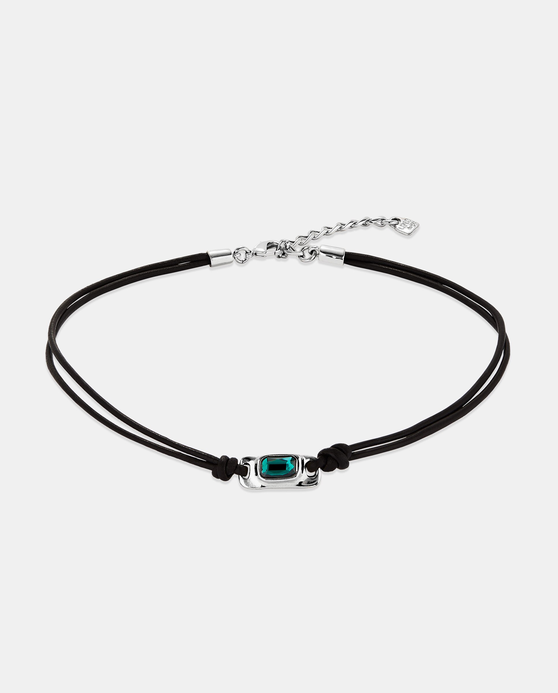 Colar de Couro Banhado em Prata de Lei com Cristal Verde Prata-3