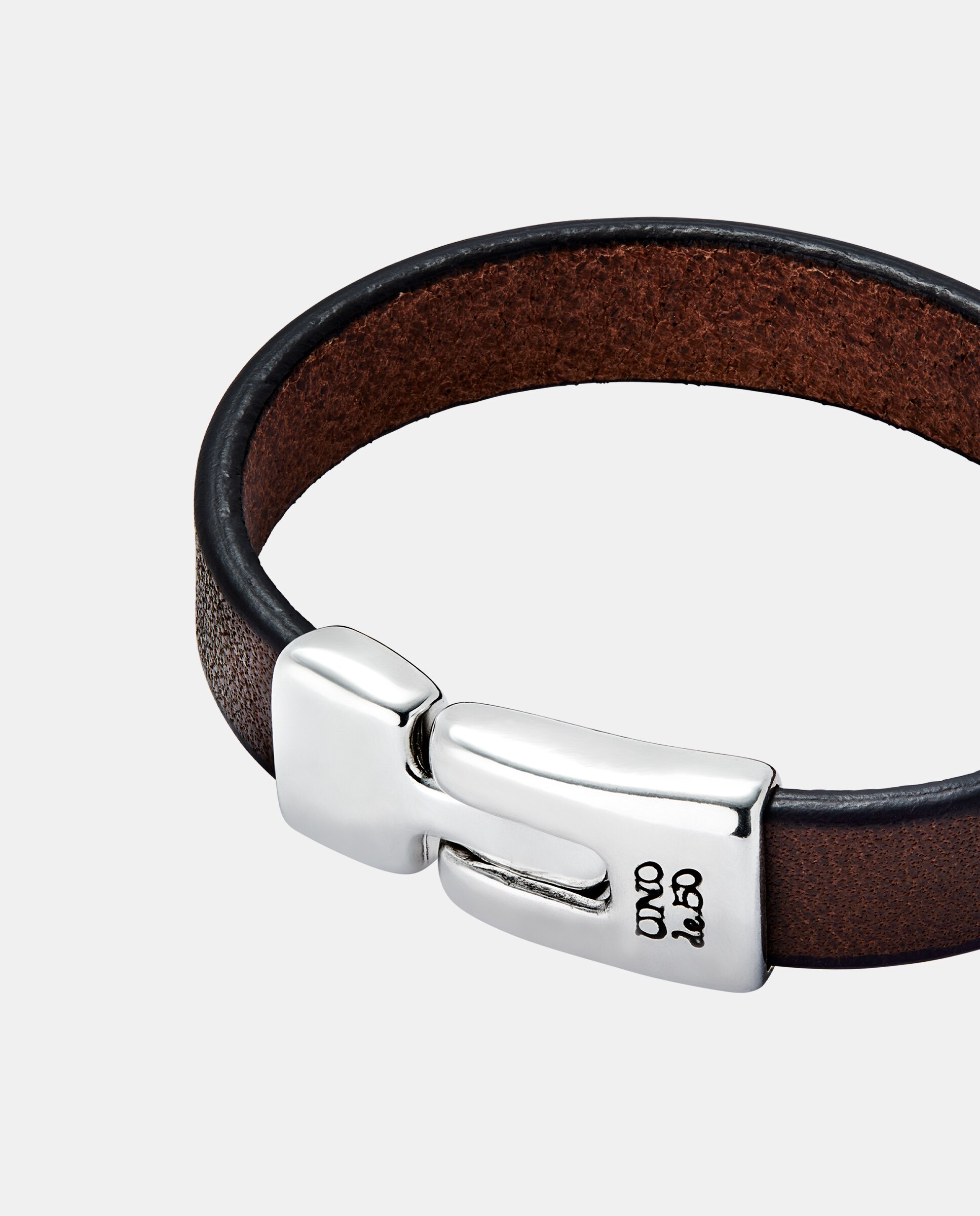 Pulseira de Couro Castanho Lisa Banhada em Prata de Lei Prata-4