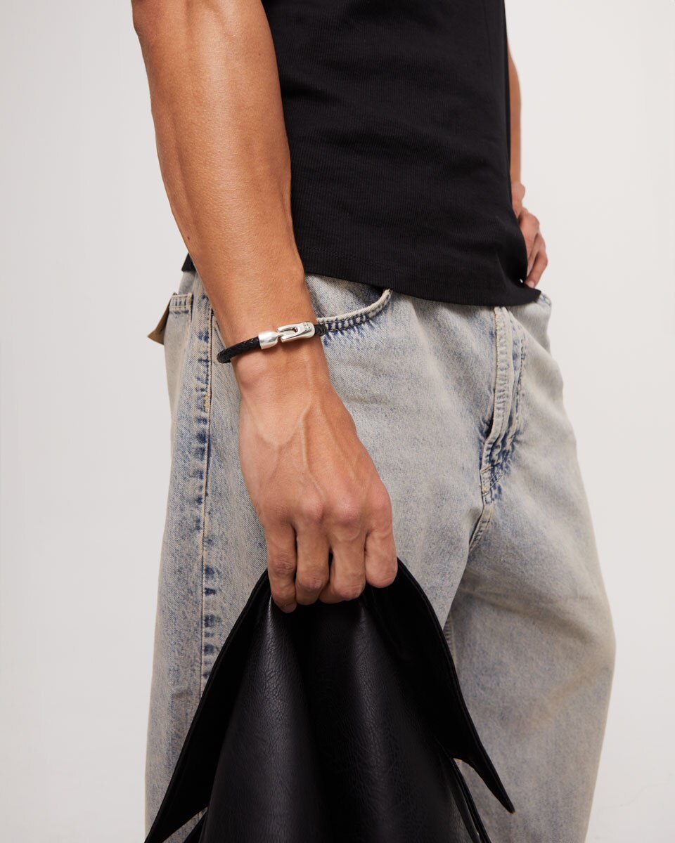 Pulseira de Couro Tubular Entrançada Banhada em Prata de Lei Prata-5