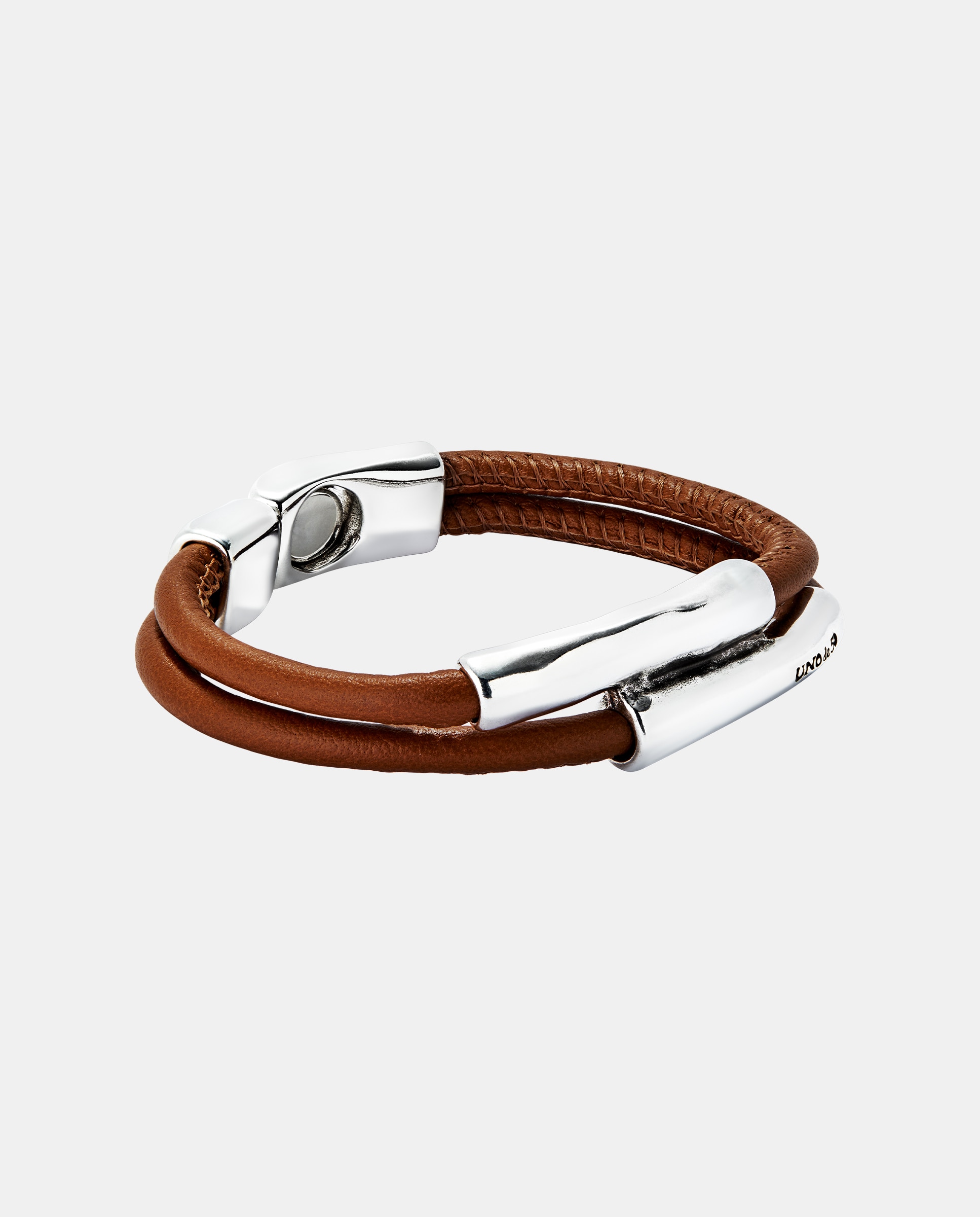 Pulseira Dupla de Couro Camel Banhada em Prata de Lei Prata-3