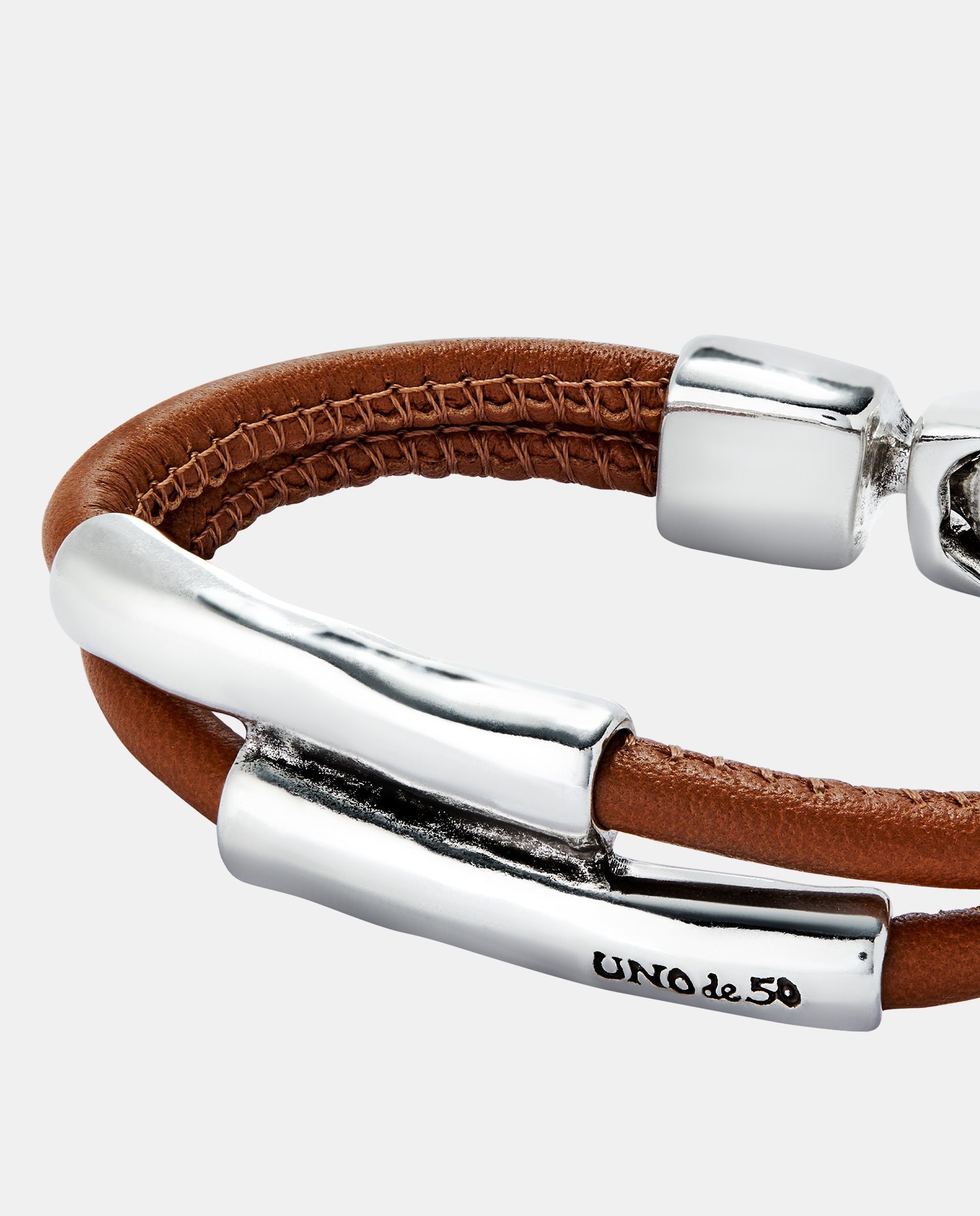 Pulseira Dupla de Couro Camel Banhada em Prata de Lei Prata-4