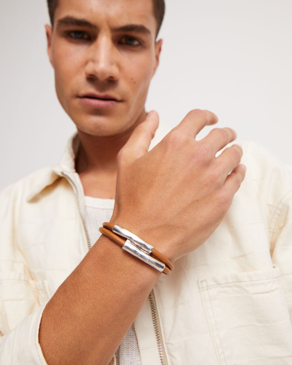 Pulseira Dupla de Couro Camel Banhada em Prata de Lei Prata-5