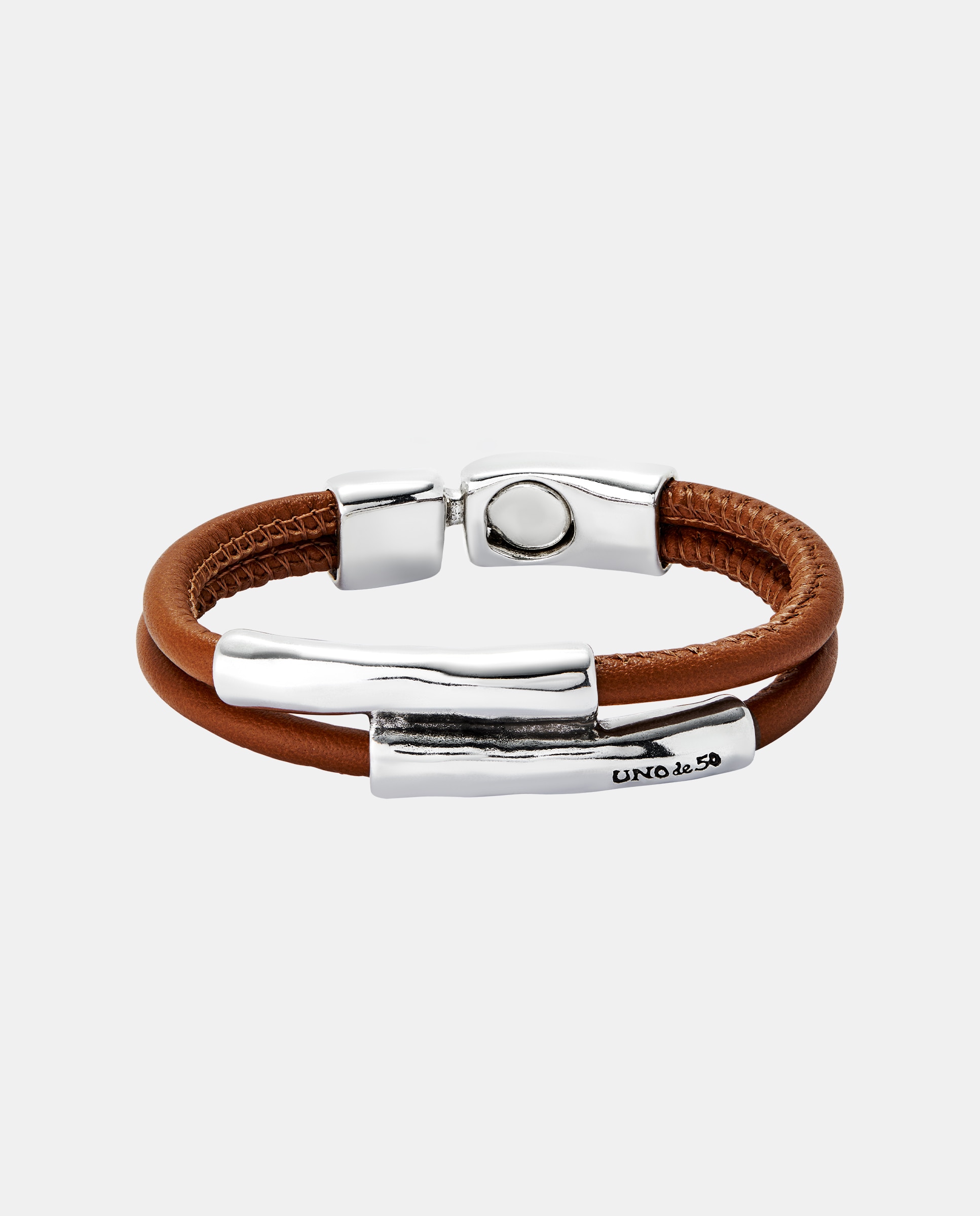 Pulseira Dupla de Couro Camel Banhada em Prata de Lei Prata-1