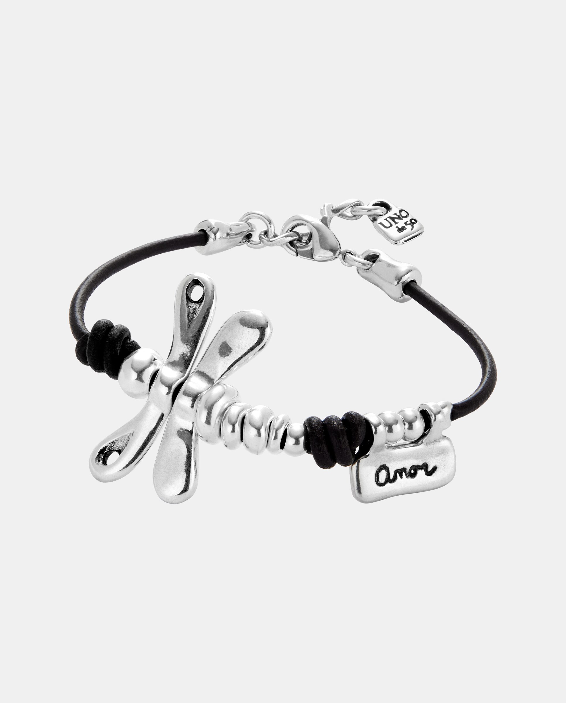 Pulseira de Couro com Libélula Banhada em Prata de Lei Prata-1