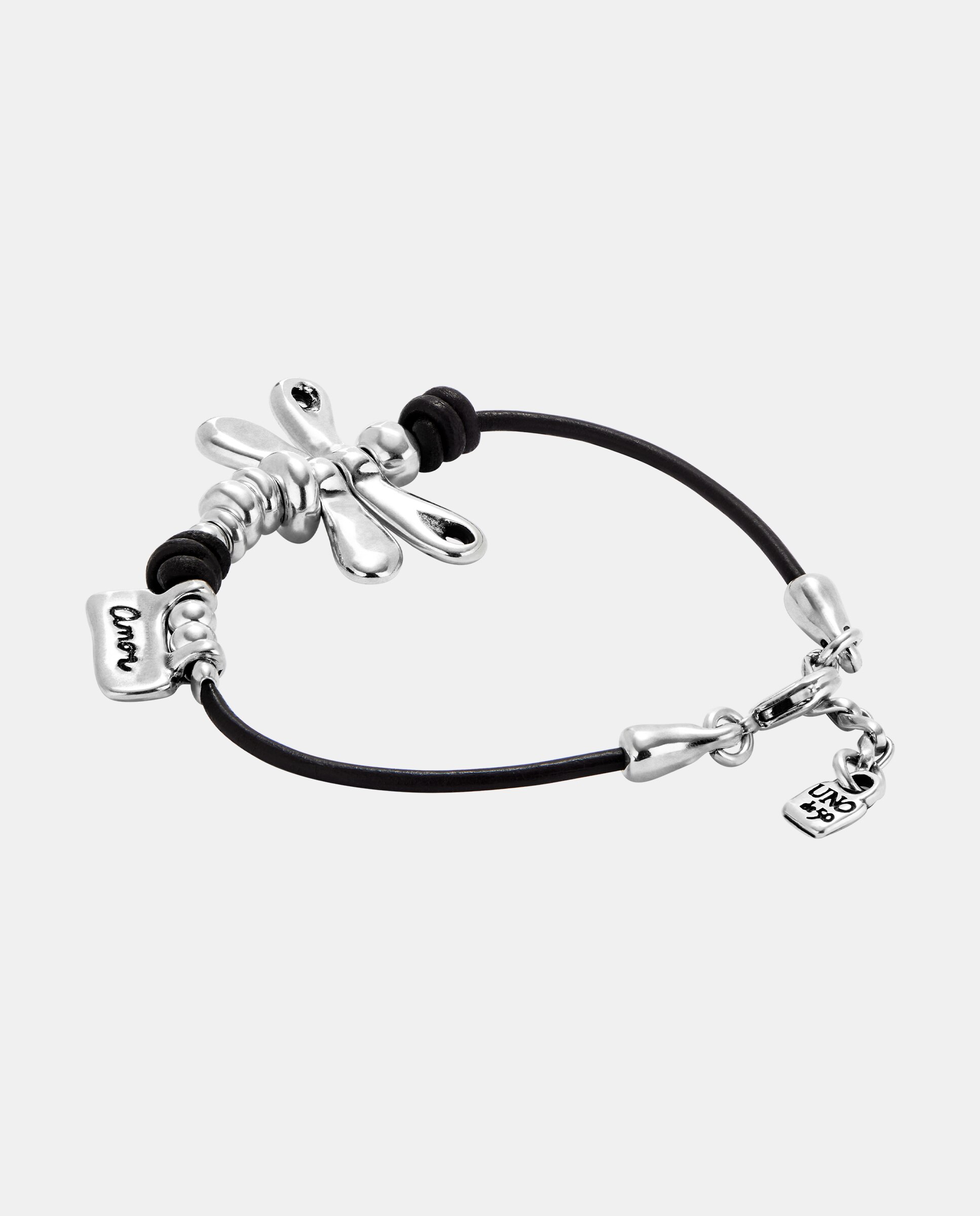 Pulseira de Couro com Libélula Banhada em Prata de Lei Prata-3