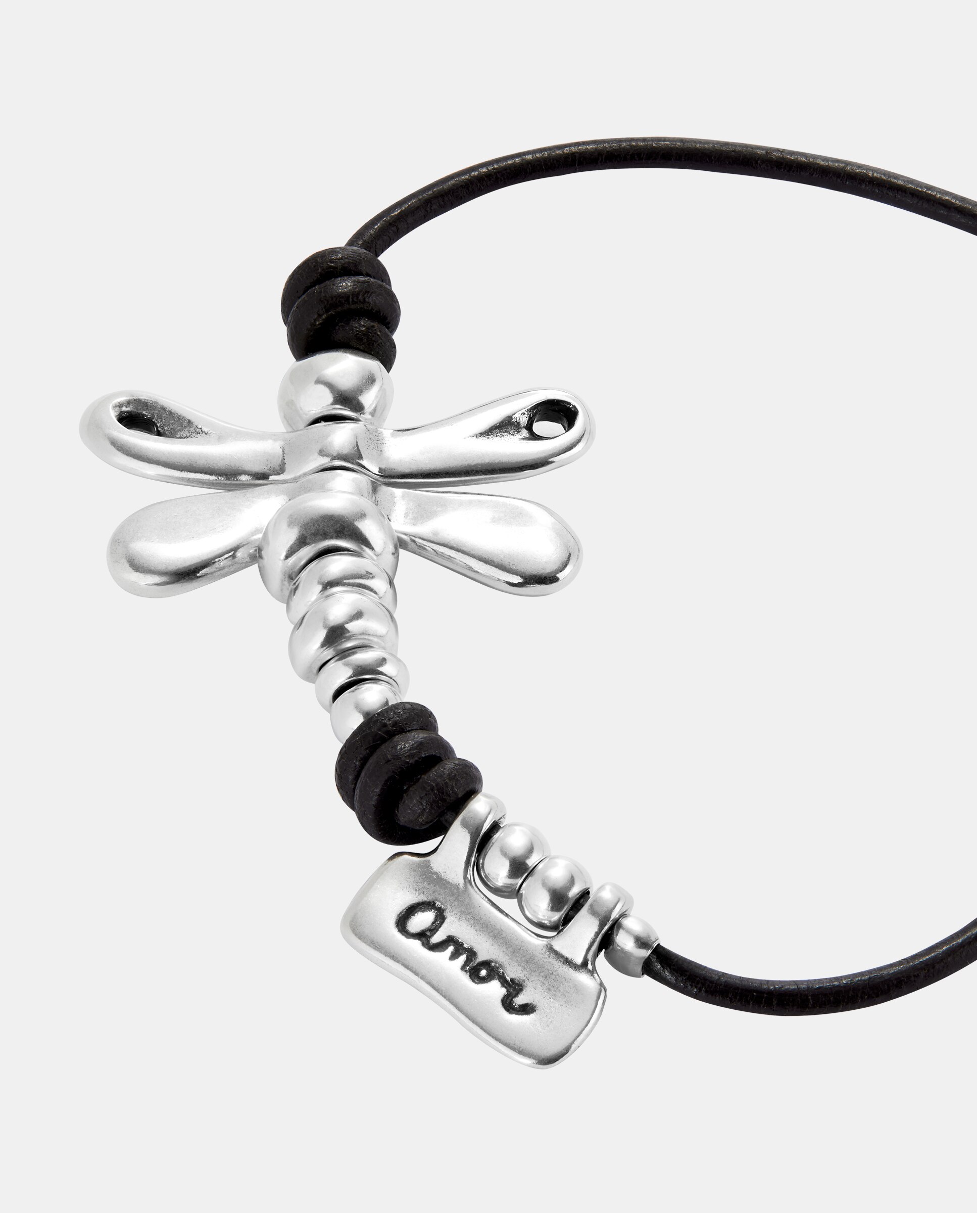 Pulseira de Couro com Libélula Banhada em Prata de Lei Prata-4