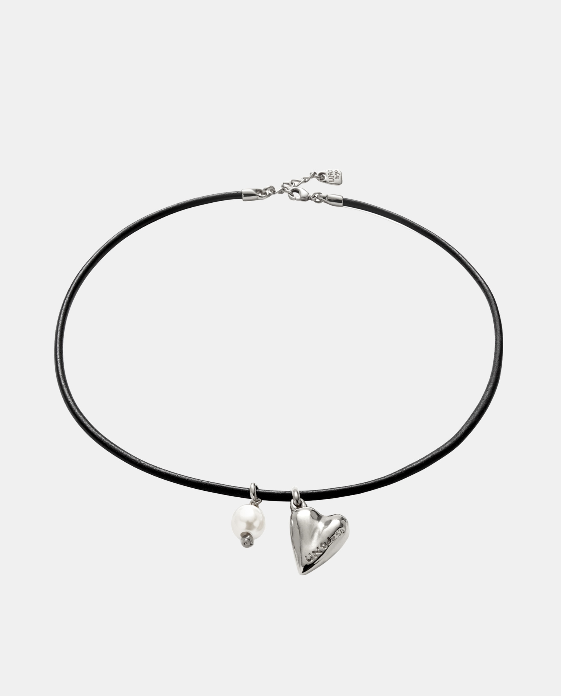 Imagem 0 de Colar de Couro com Charms de Pérola e Coração com Liga de Metais Banhado em Prata de Lei