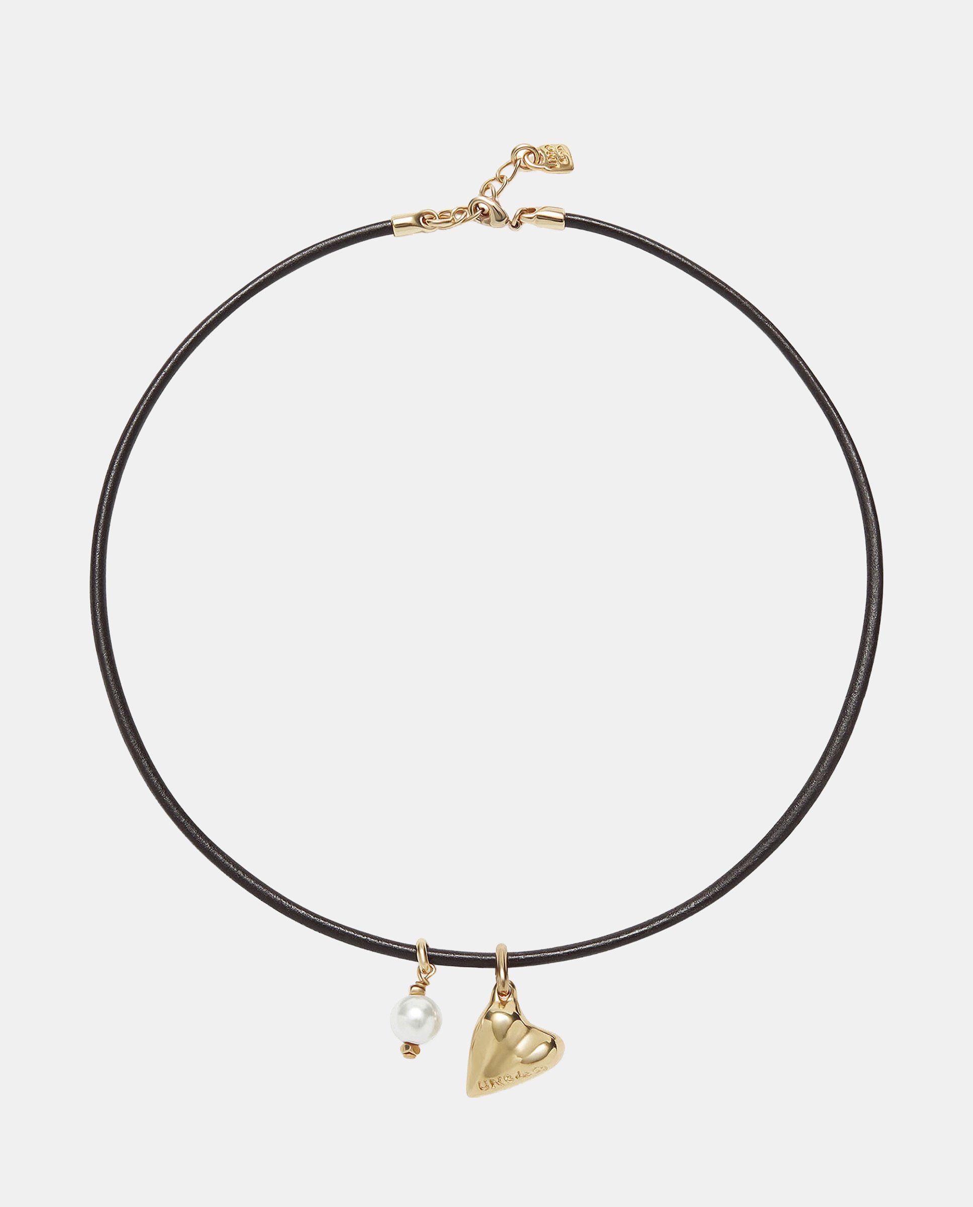 Colar de Couro com Charms de Pérola e Coração com Liga de Metais Banhado a Ouro 18k Castanho-2