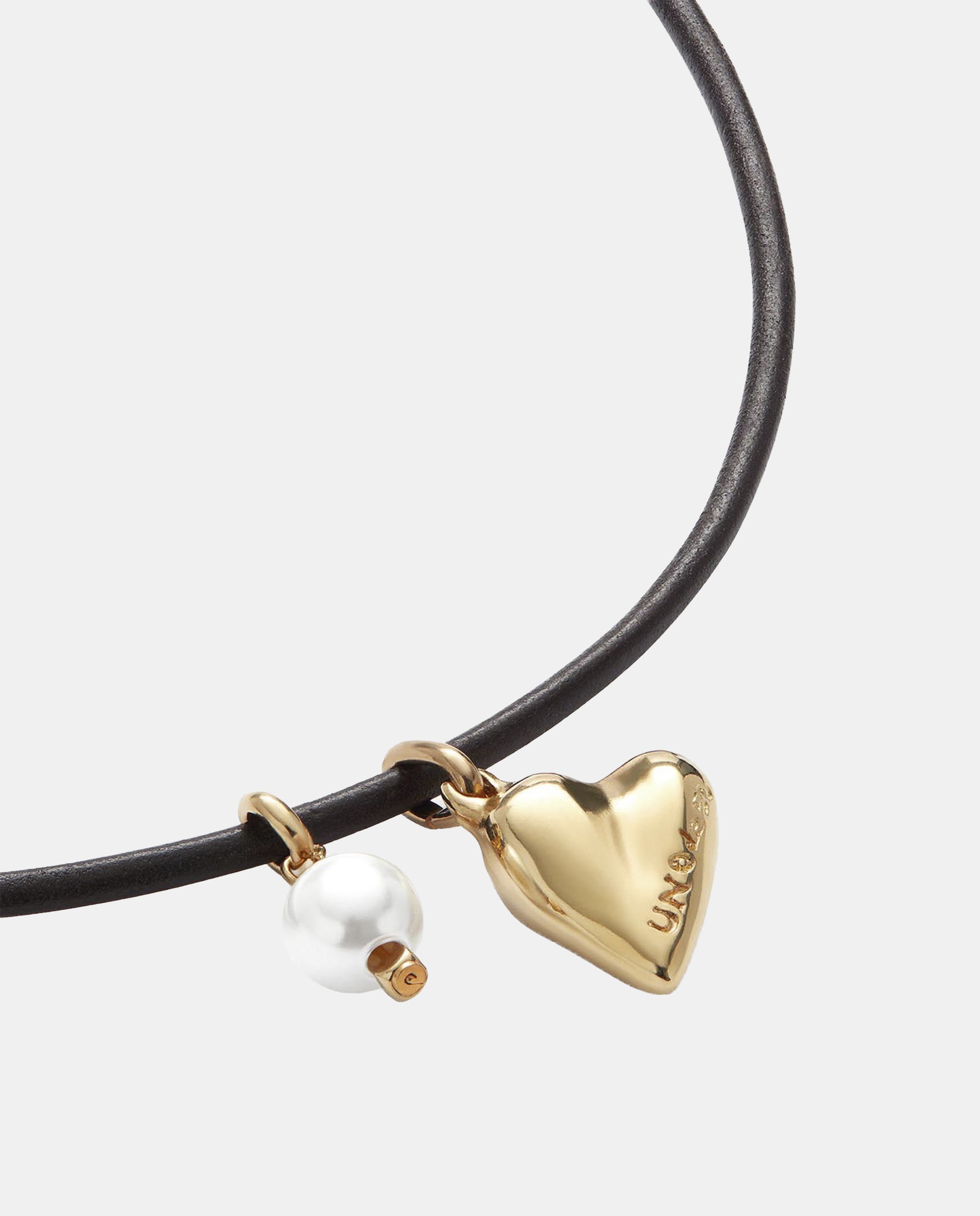Colar de Couro com Charms de Pérola e Coração com Liga de Metais Banhado a Ouro 18k Castanho-3