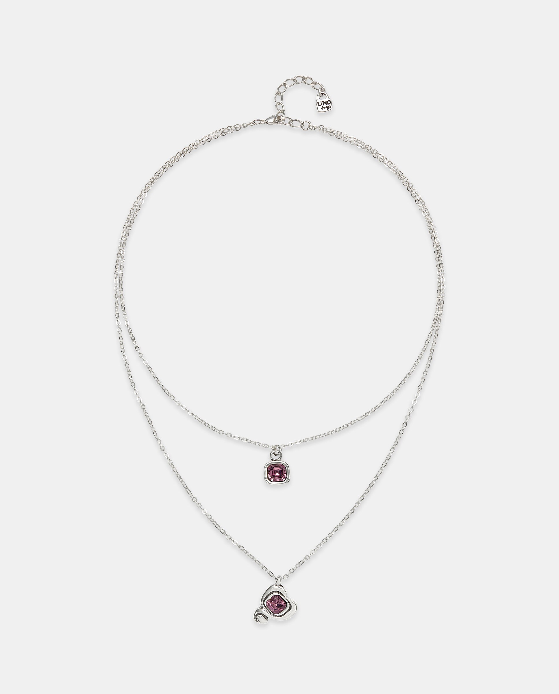 Pendente Banhado a Prata com Dupla Corrente e Corações Centrais com Cristal Rosa Prata-1