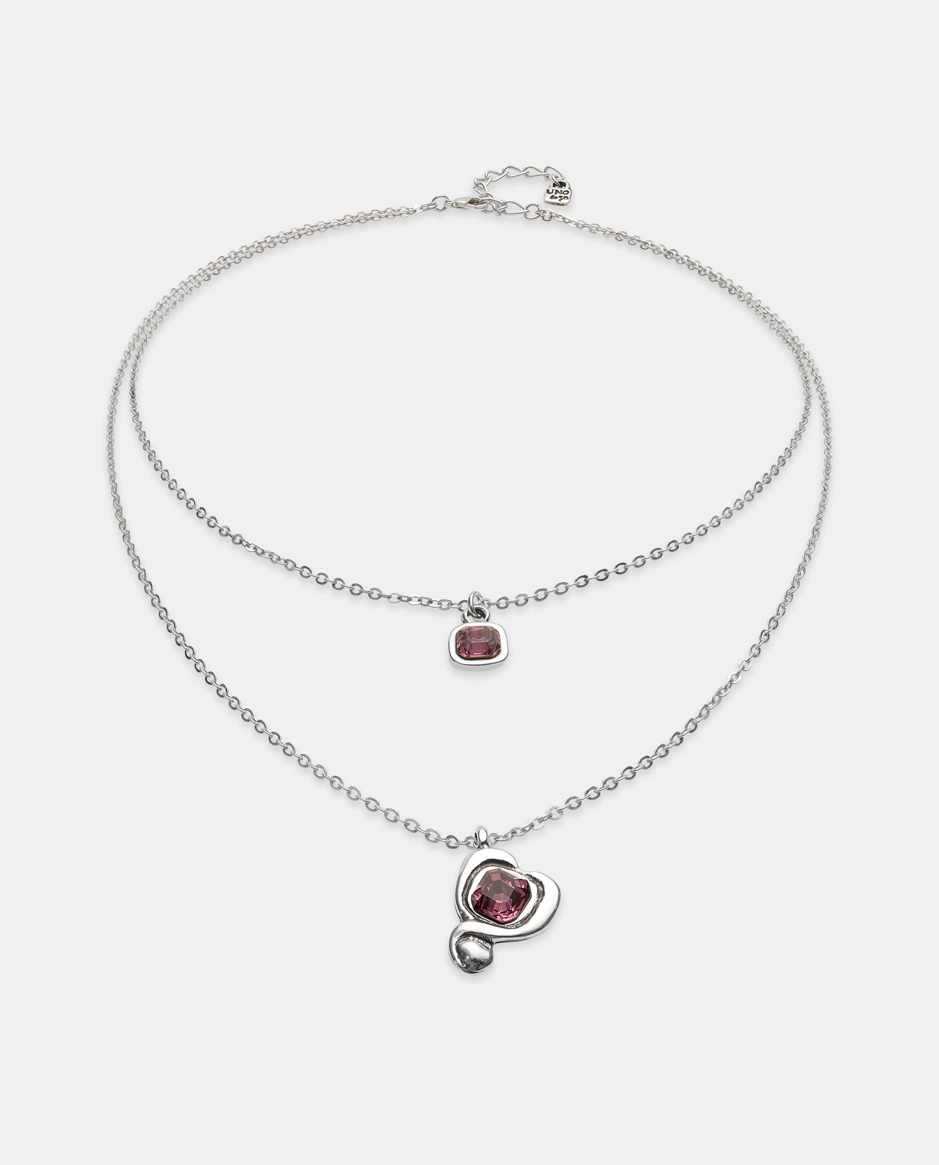 Pendente Banhado a Prata com Dupla Corrente e Corações Centrais com Cristal Rosa Prata-3