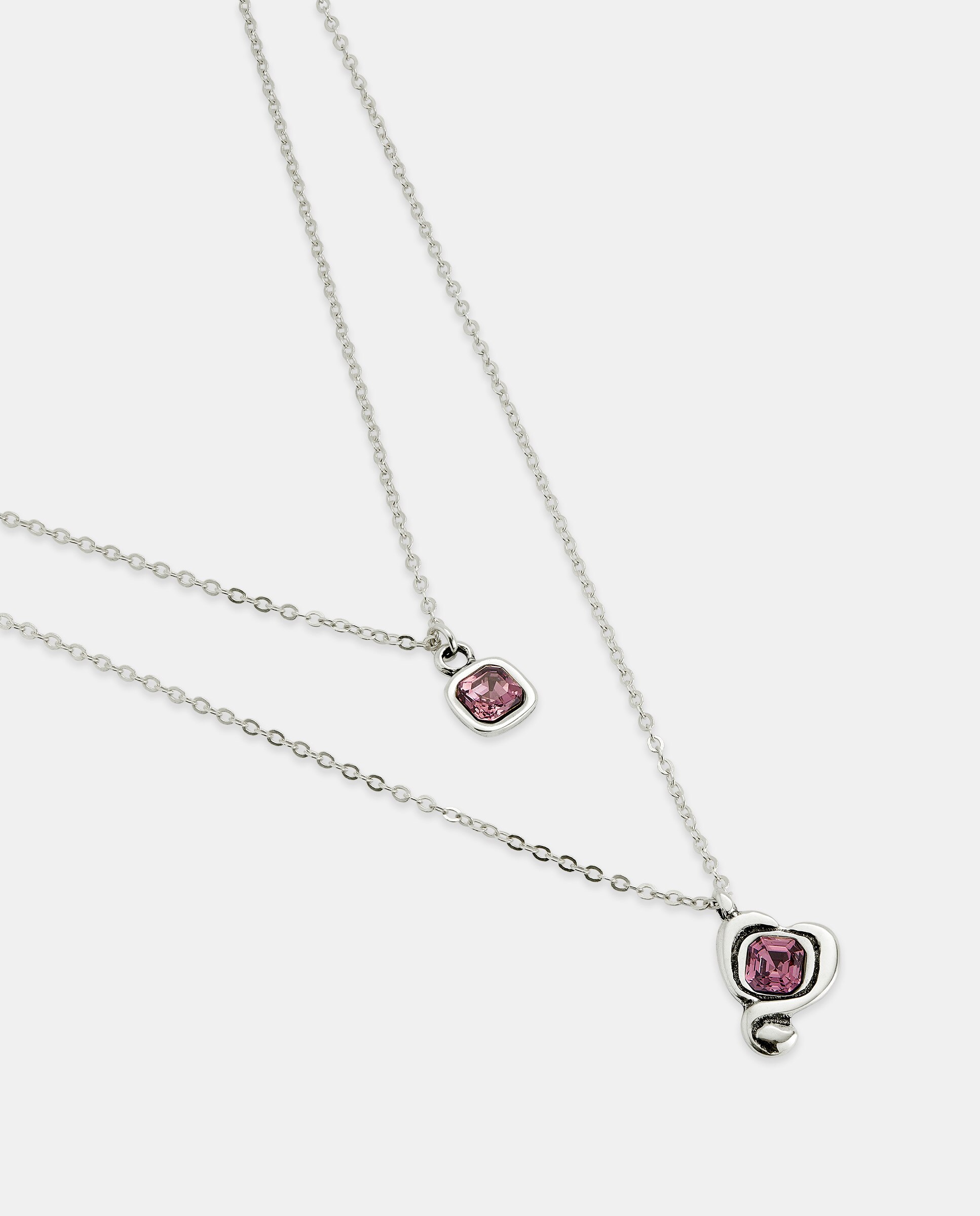 Pendente Banhado a Prata com Dupla Corrente e Corações Centrais com Cristal Rosa Prata-4