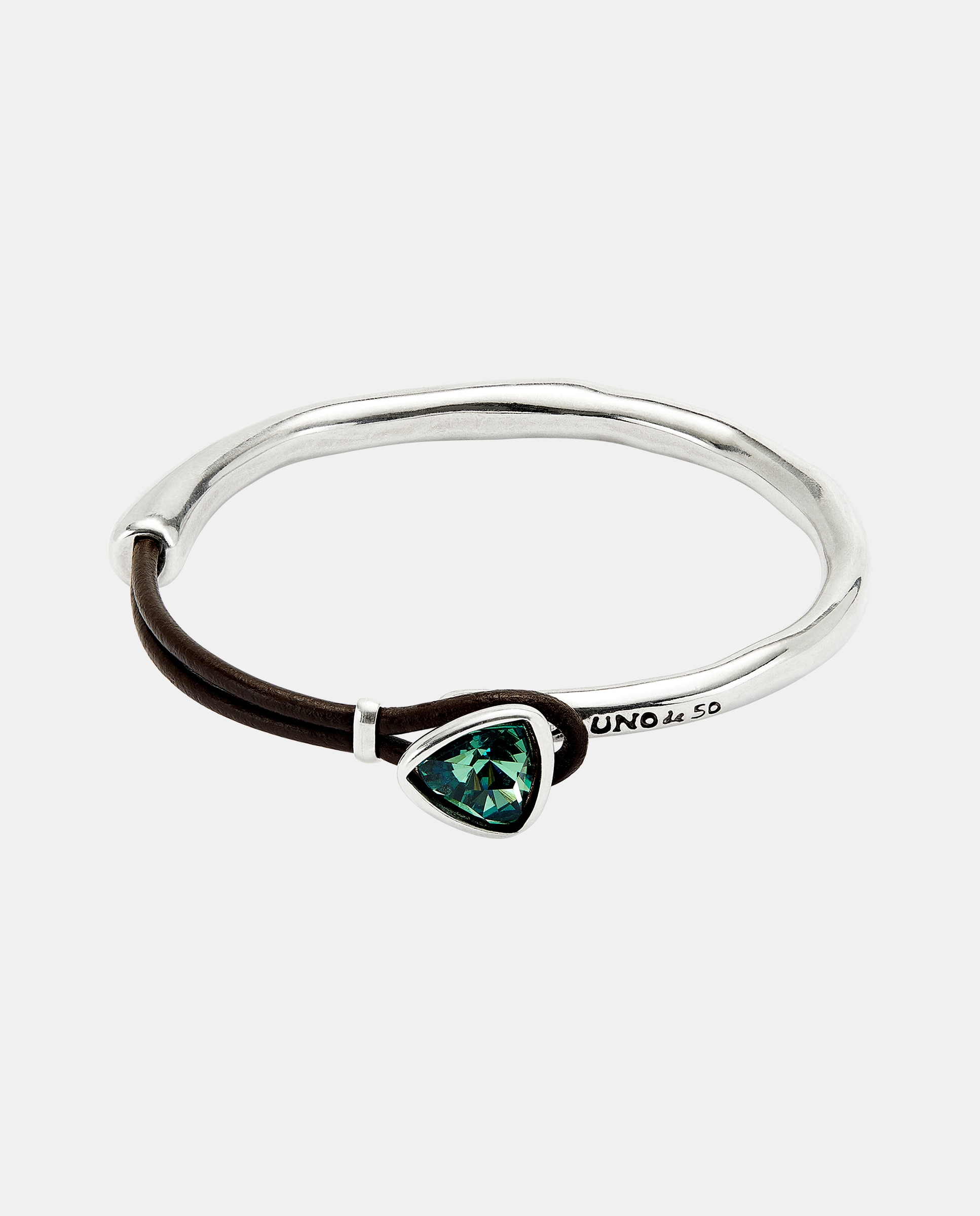 Pulseira Fina Banhada em Prata de Lei com Couro e Cristal Facetado Prata-1