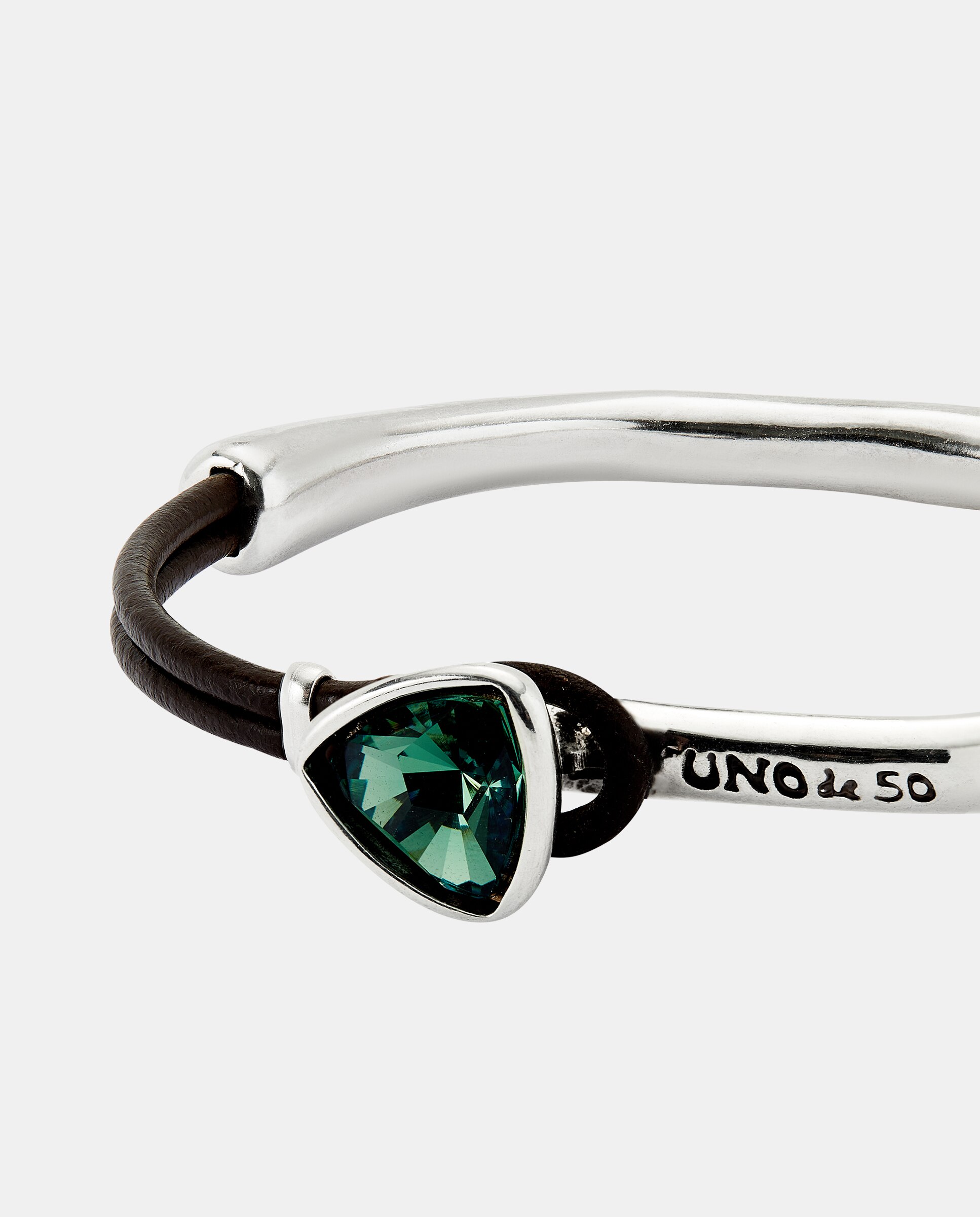Pulseira Fina Banhada em Prata de Lei com Couro e Cristal Facetado Prata-4