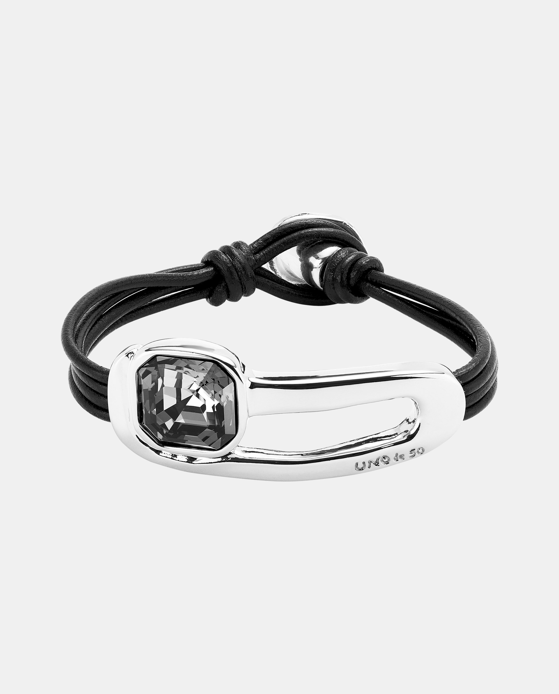 Pulseira de Couro Banhada em Prata de Lei e Cristal Facetado em Preto Prata-1