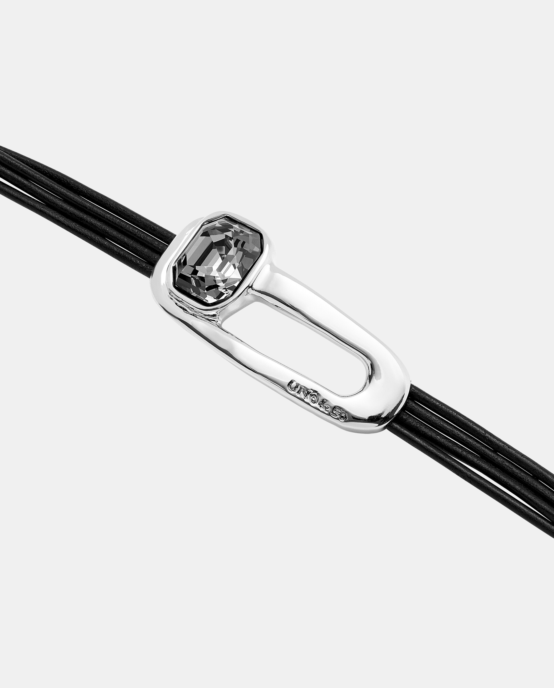 Pulseira de Couro Banhada em Prata de Lei e Cristal Facetado em Preto Prata-4