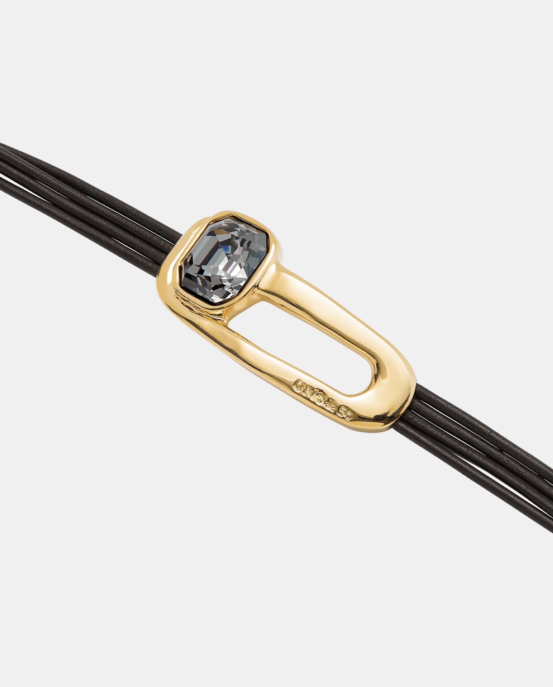 Pulseira de Couro Banhada a Ouro 18k e Cristal Facetado em Preto Ouro-4