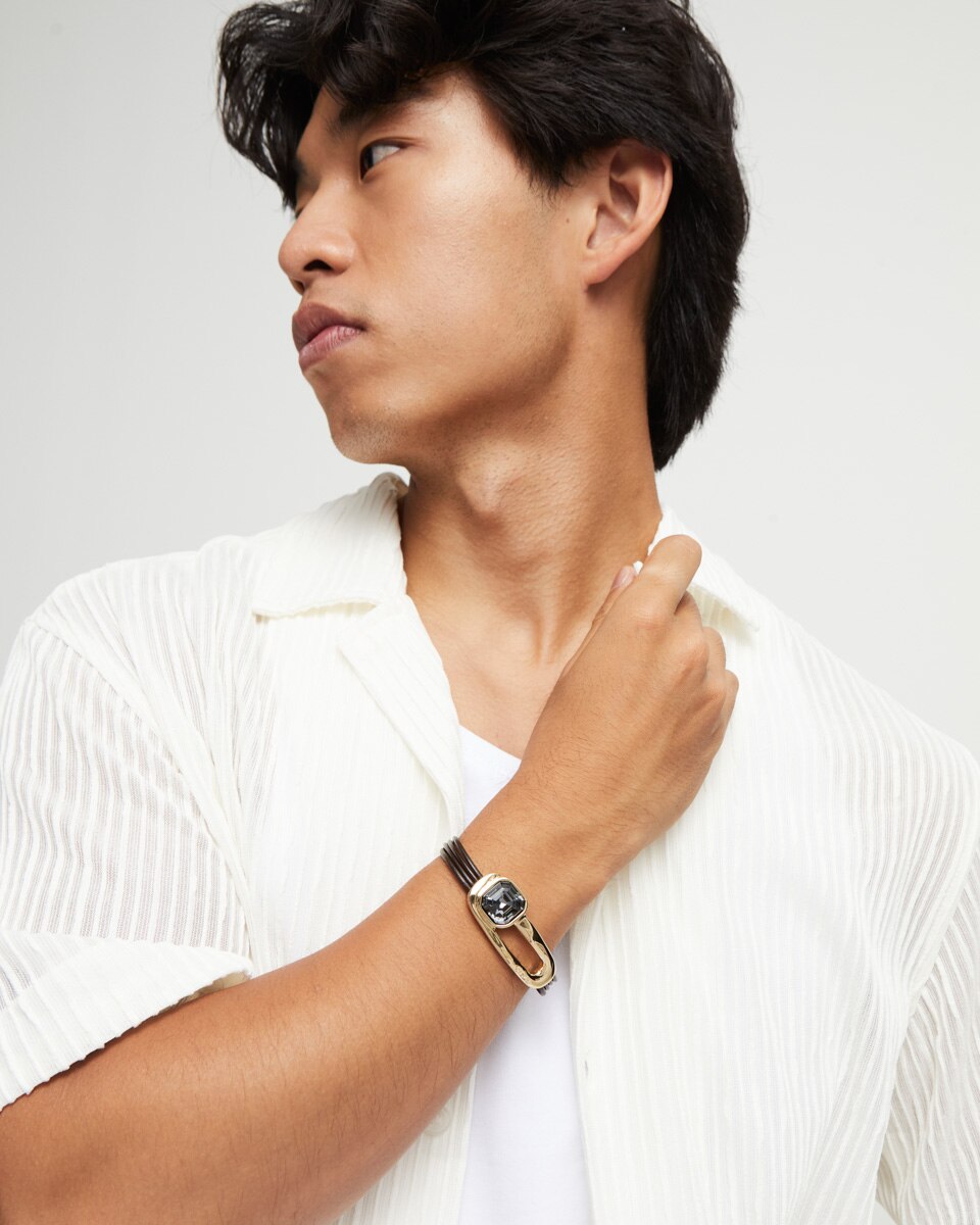 Pulseira de Couro Banhada a Ouro 18k e Cristal Facetado em Preto Ouro-6