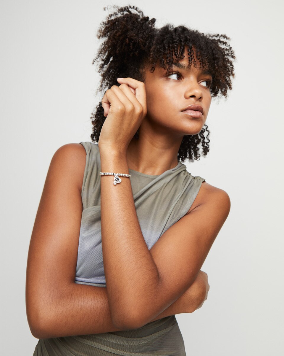 Pulseira de Bolas Banhada em Prata de Lei com Coração com Cristal Prata-6