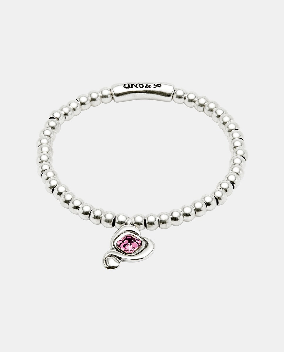 Pulseira de Bolas Banhadas a Prata com Coração com Cristal Rosa Prata-1