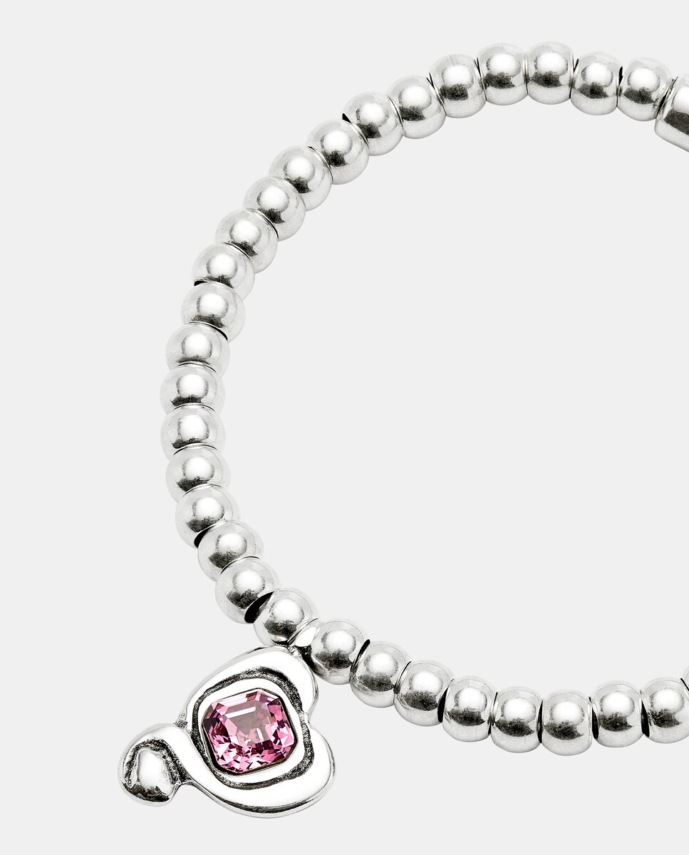 Pulseira de Bolas Banhadas a Prata com Coração com Cristal Rosa Prata-4