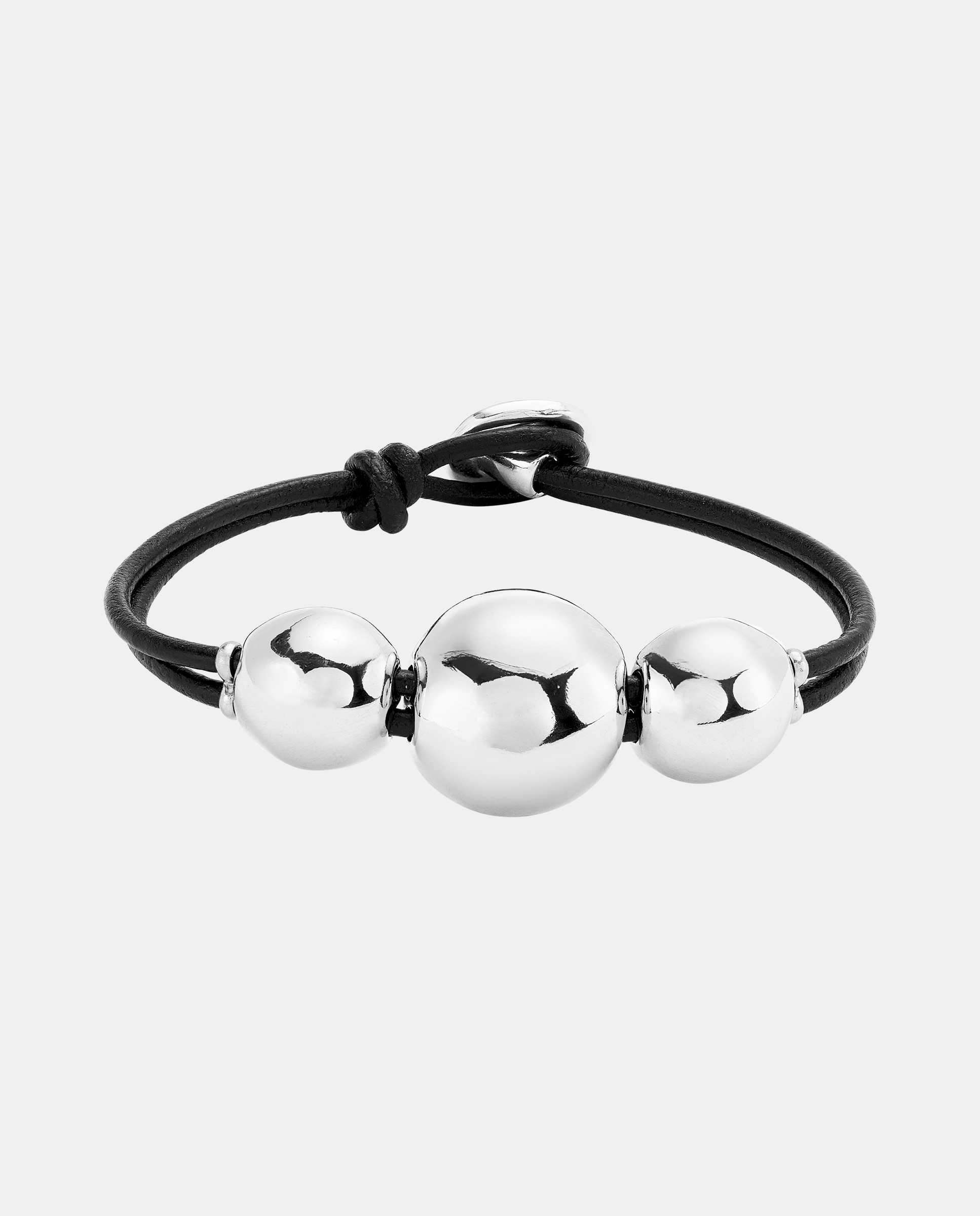 Pulseira de Couro com Três Bolas Grandes Centrais Banhada em Prata de Lei Prata-1