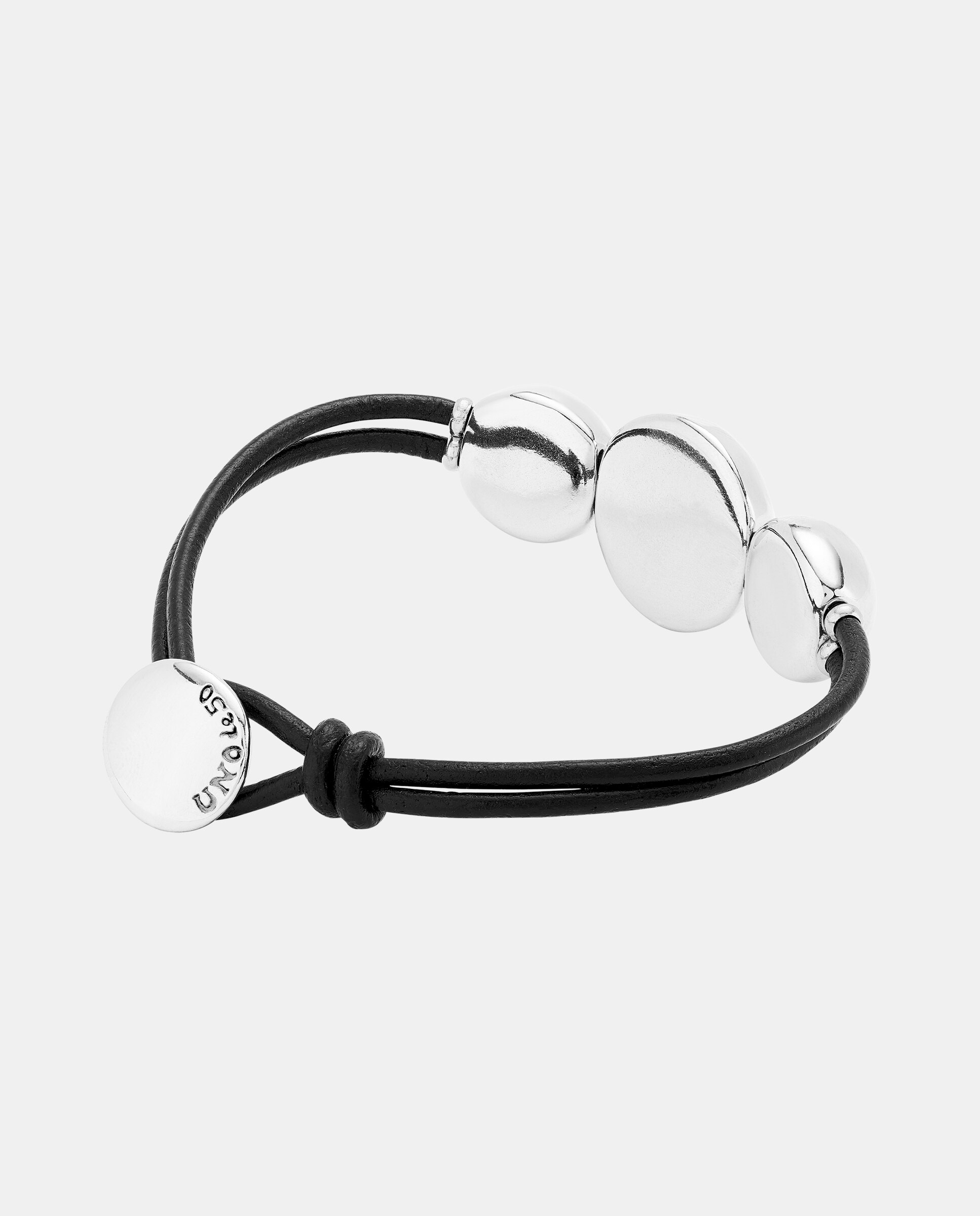 Pulseira de Couro com Três Bolas Grandes Centrais Banhada em Prata de Lei Prata-3