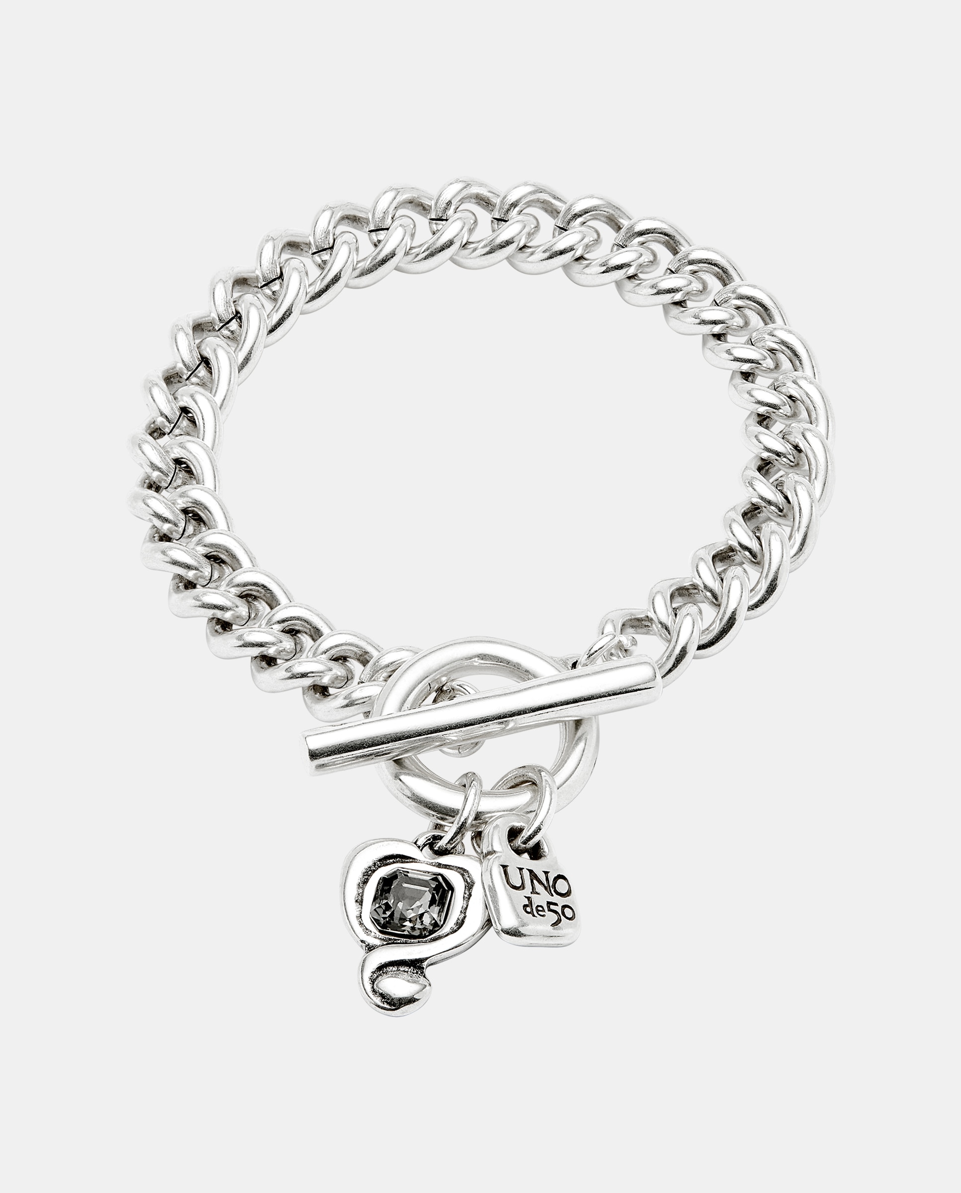 Pulseira de Corrente Banhada em Prata de Lei com Coração e Cristal em Preto Prata-1