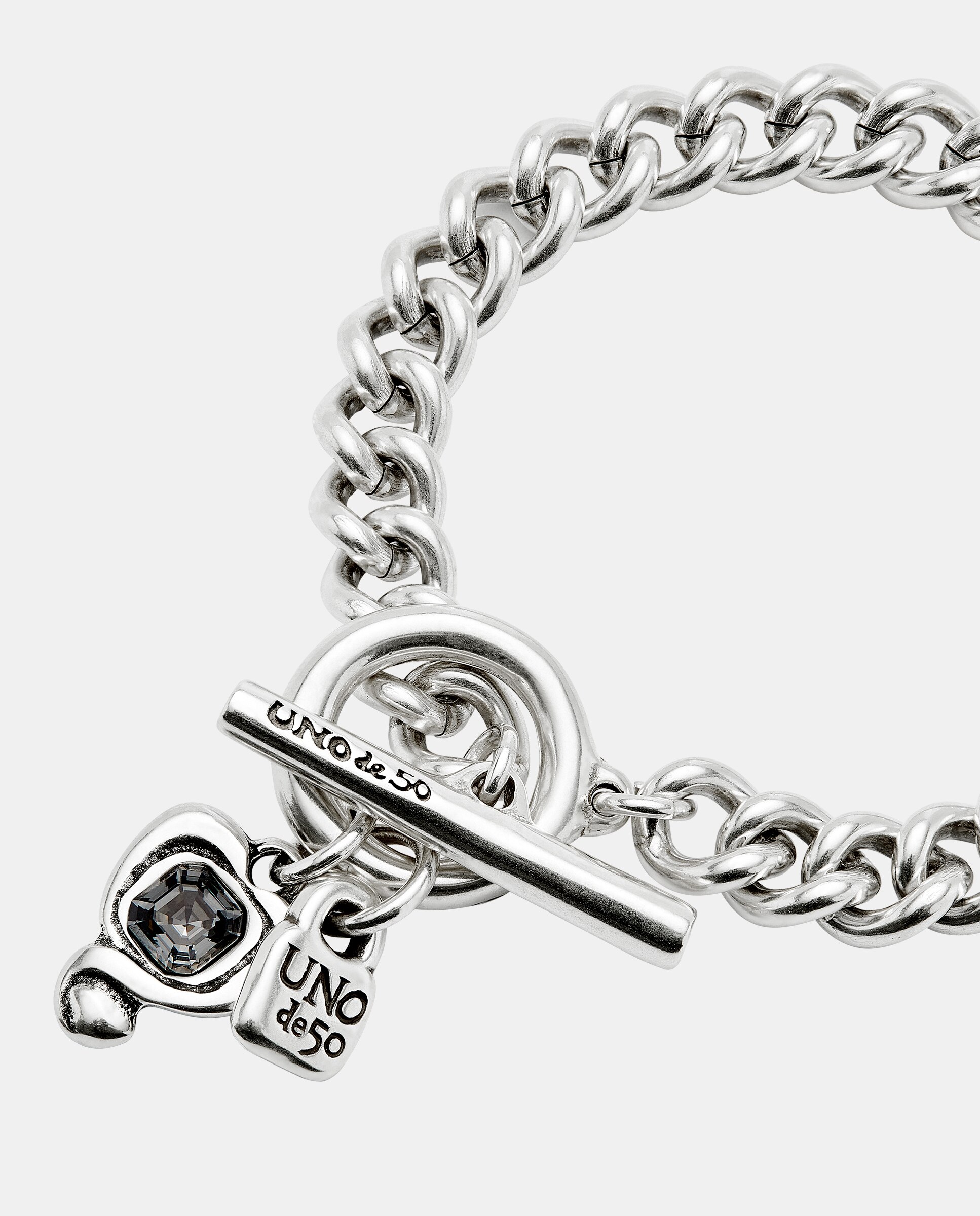 Pulseira de Corrente Banhada em Prata de Lei com Coração e Cristal em Preto Prata-4
