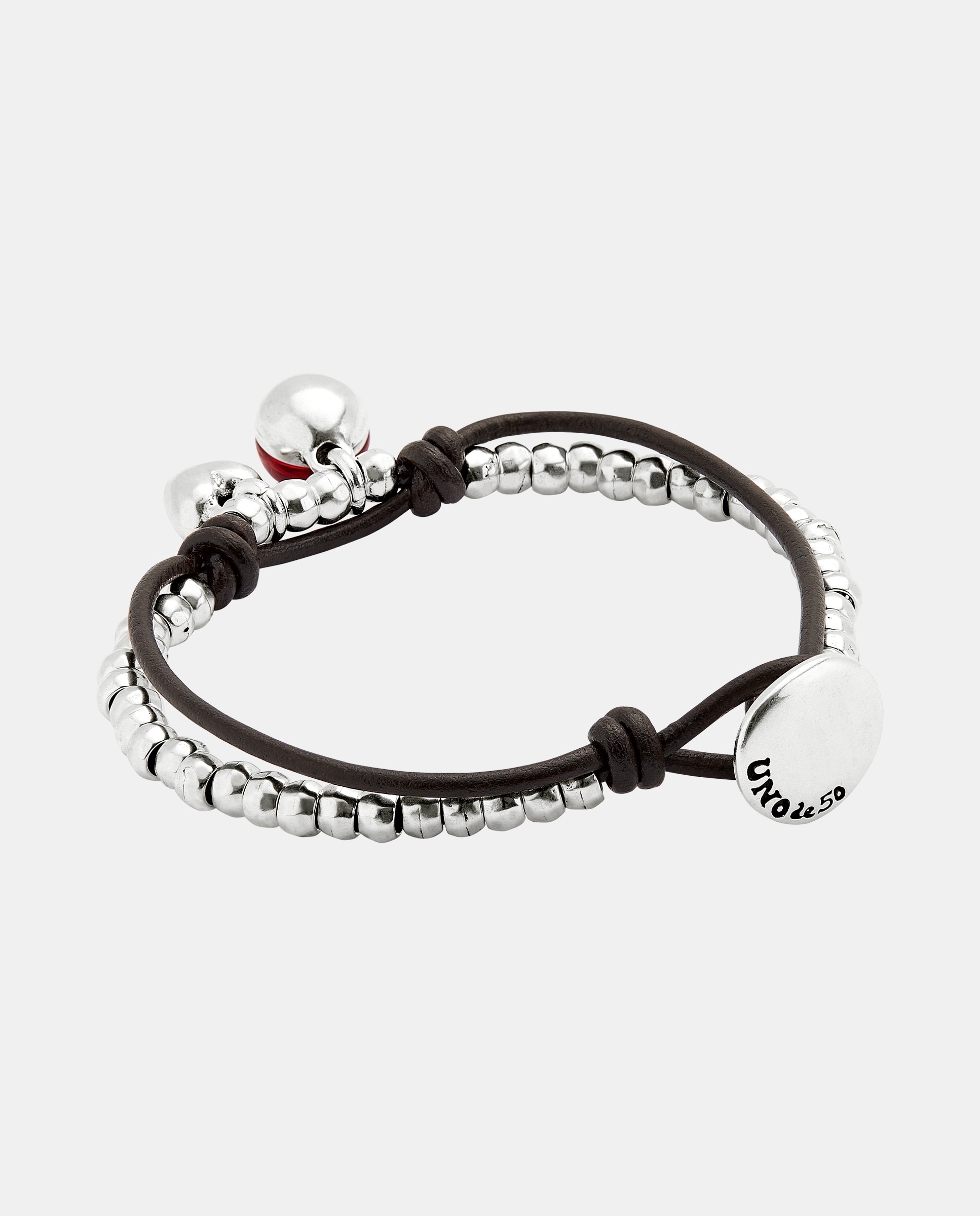Pulseira de Bolas Banhada em Prata de Lei com Couro e Cristal Prata-3