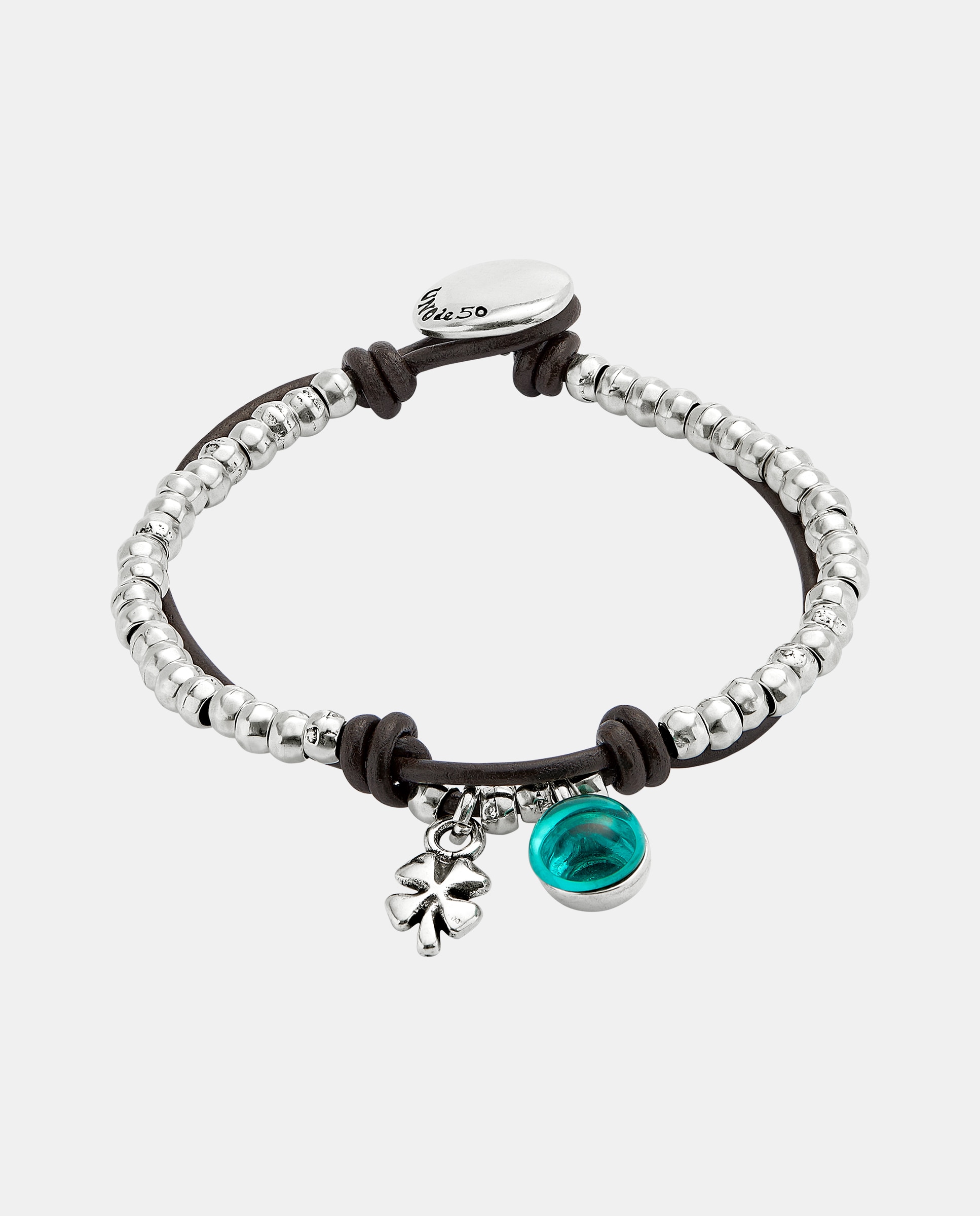 Pulseira de Bolas Banhada em Prata de Lei com Couro e Cristal Prata-1