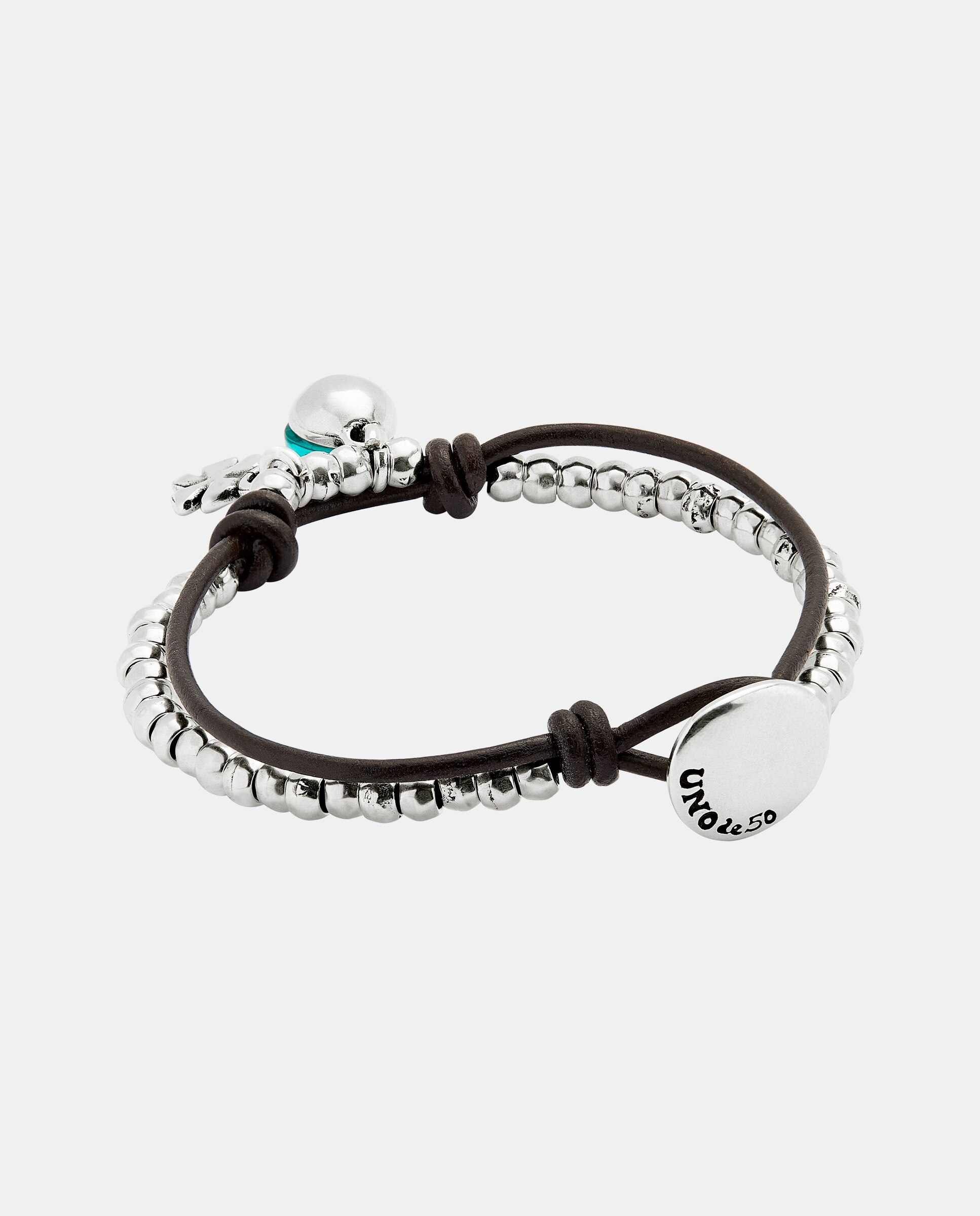 Pulseira de Bolas Banhada em Prata de Lei com Couro e Cristal Prata-3