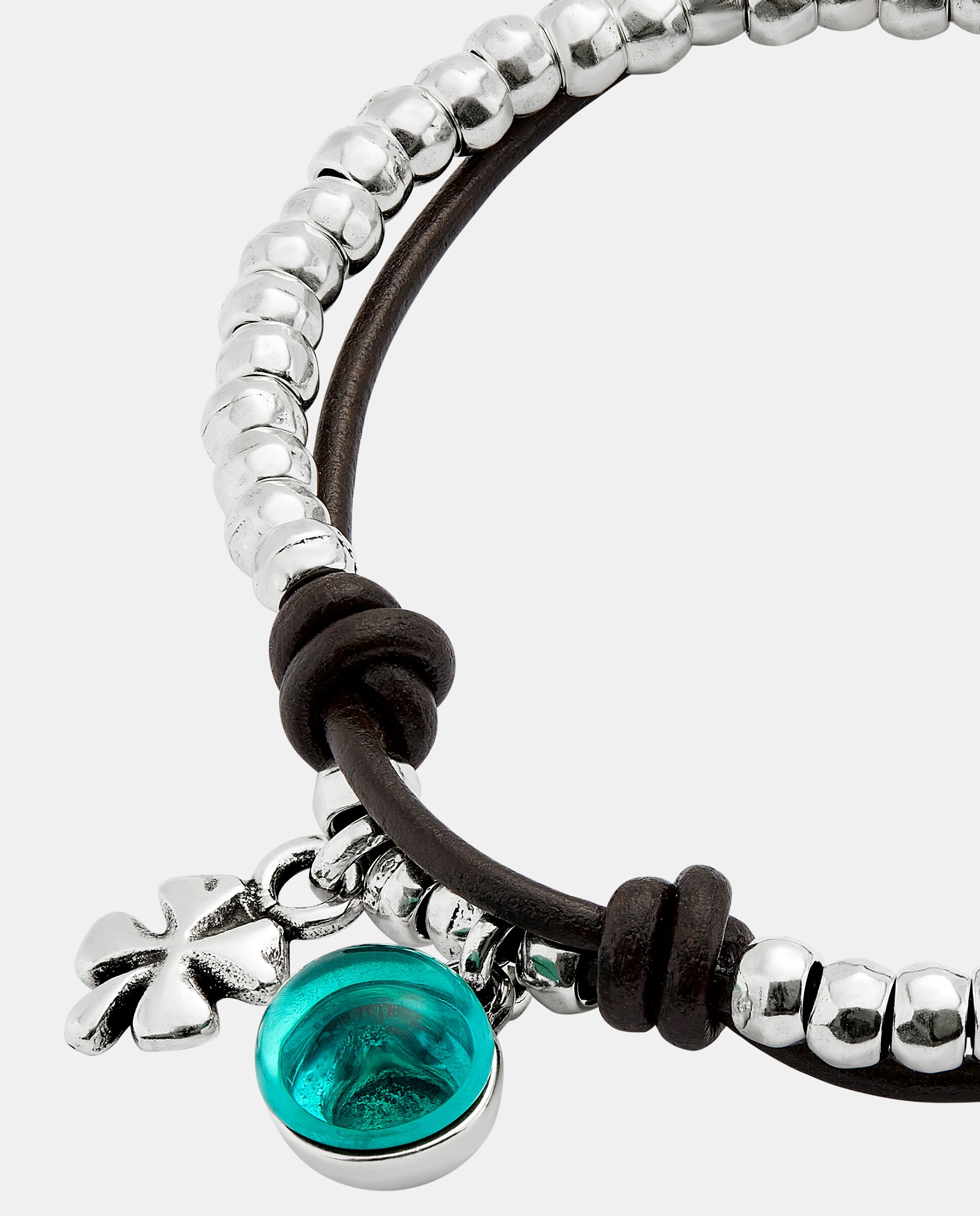 Pulseira de Bolas Banhada em Prata de Lei com Couro e Cristal Prata-4